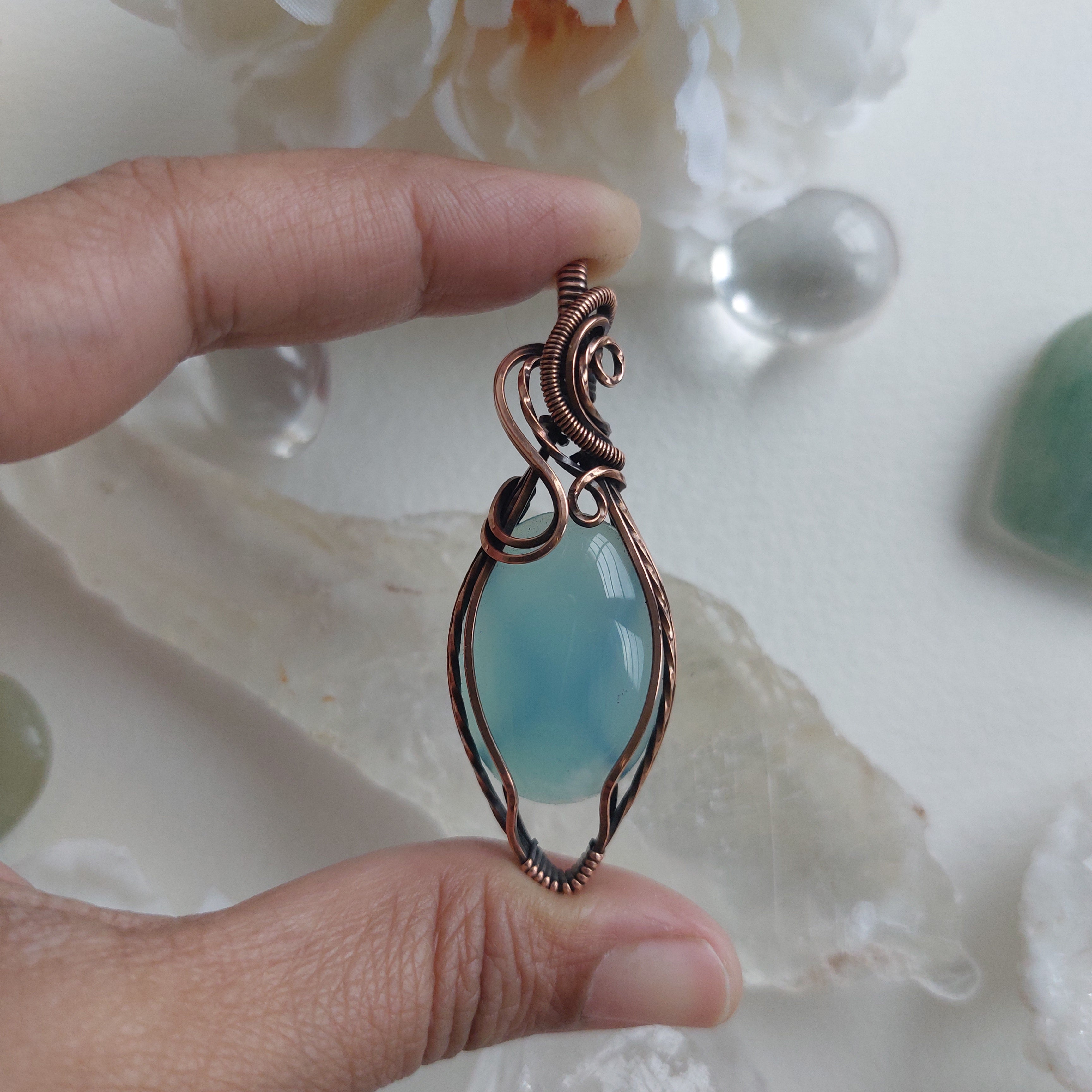 Handmade Blue Chalcedony Pendant in Copper – Healing Gemstone Necklace for Peace & Balance