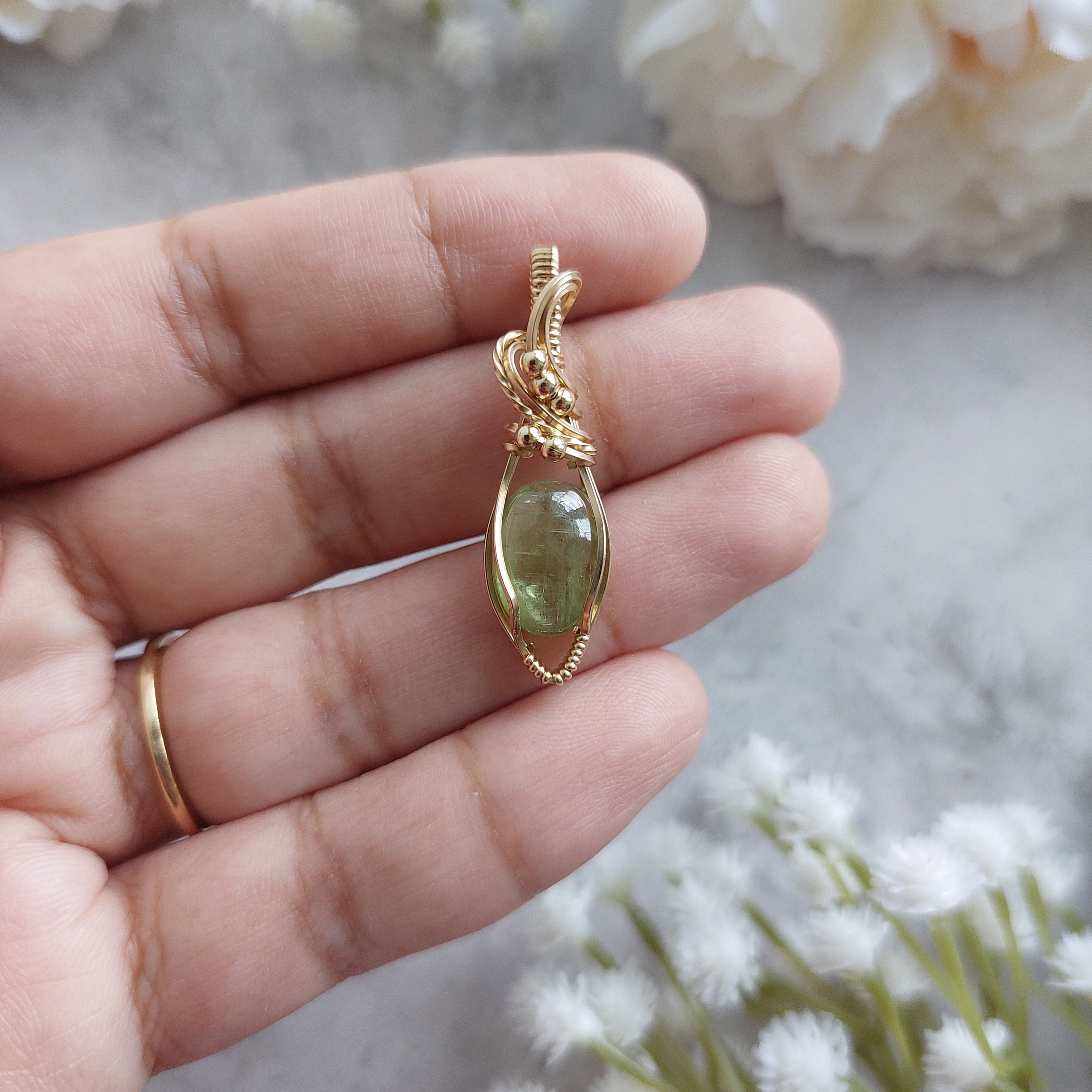 Green Kyanite Pendant – Wire Wrapped Gold Filled Necklace – Healing Crystal Jewelry