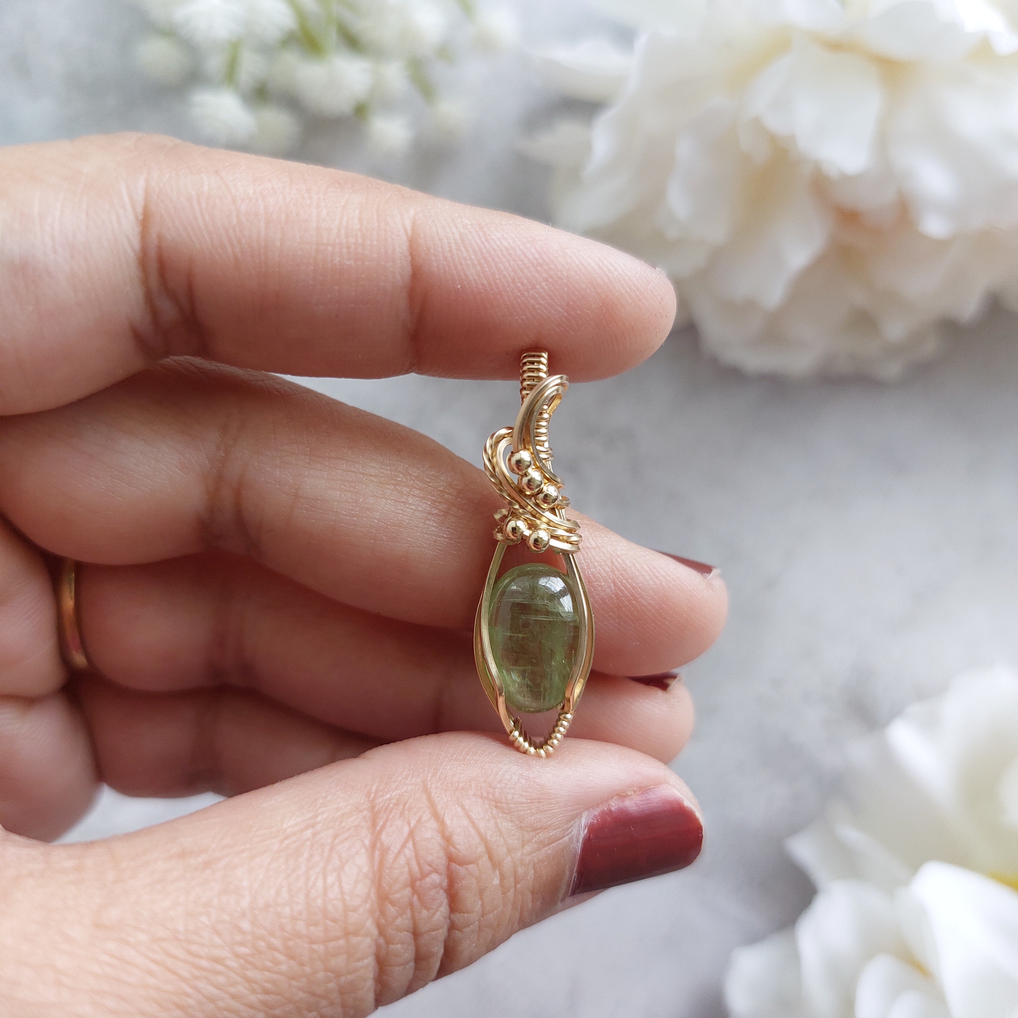 Green Kyanite Pendant – Wire Wrapped Gold Filled Necklace – Healing Crystal Jewelry
