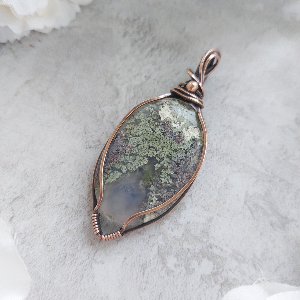 Moss Agate Copper Pendant – Earthy Wire Wrapped Necklace for Grounding, New Beginnings & Nature Lovers