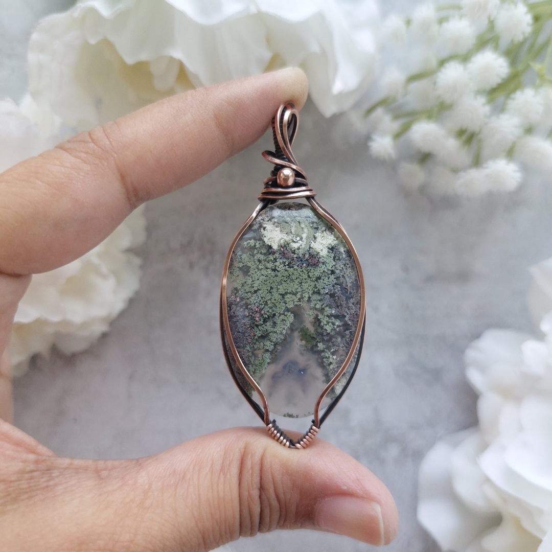 Moss Agate Copper Pendant – Earthy Wire Wrapped Necklace for Grounding, New Beginnings & Nature Lovers