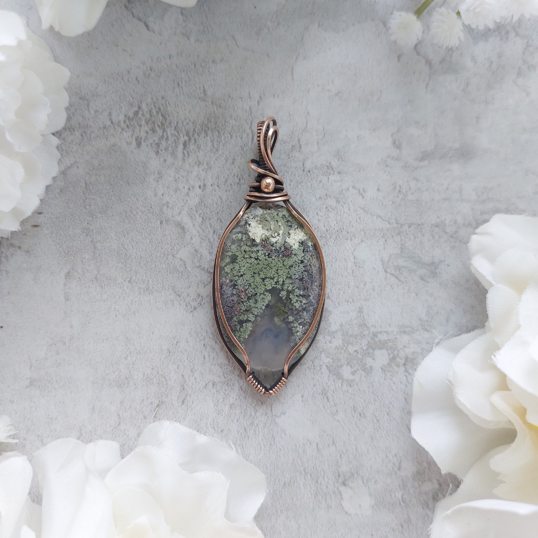 Moss Agate Copper Pendant – Earthy Wire Wrapped Necklace for Grounding, New Beginnings & Nature Lovers