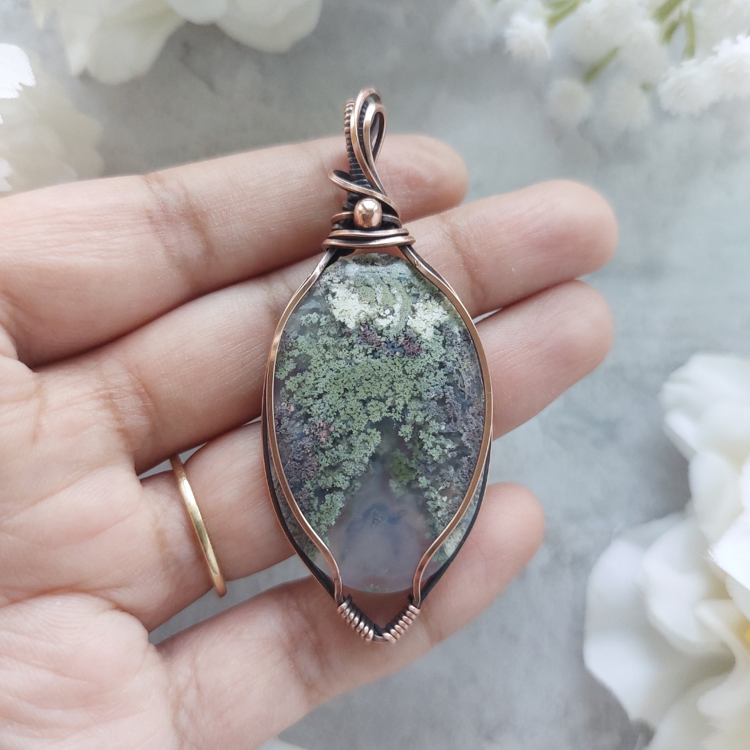 Moss Agate Copper Pendant – Earthy Wire Wrapped Necklace for Grounding, New Beginnings & Nature Lovers