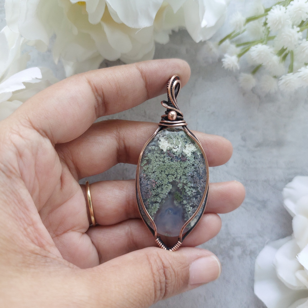 Moss Agate Copper Pendant – Earthy Wire Wrapped Necklace for Grounding, New Beginnings & Nature Lovers