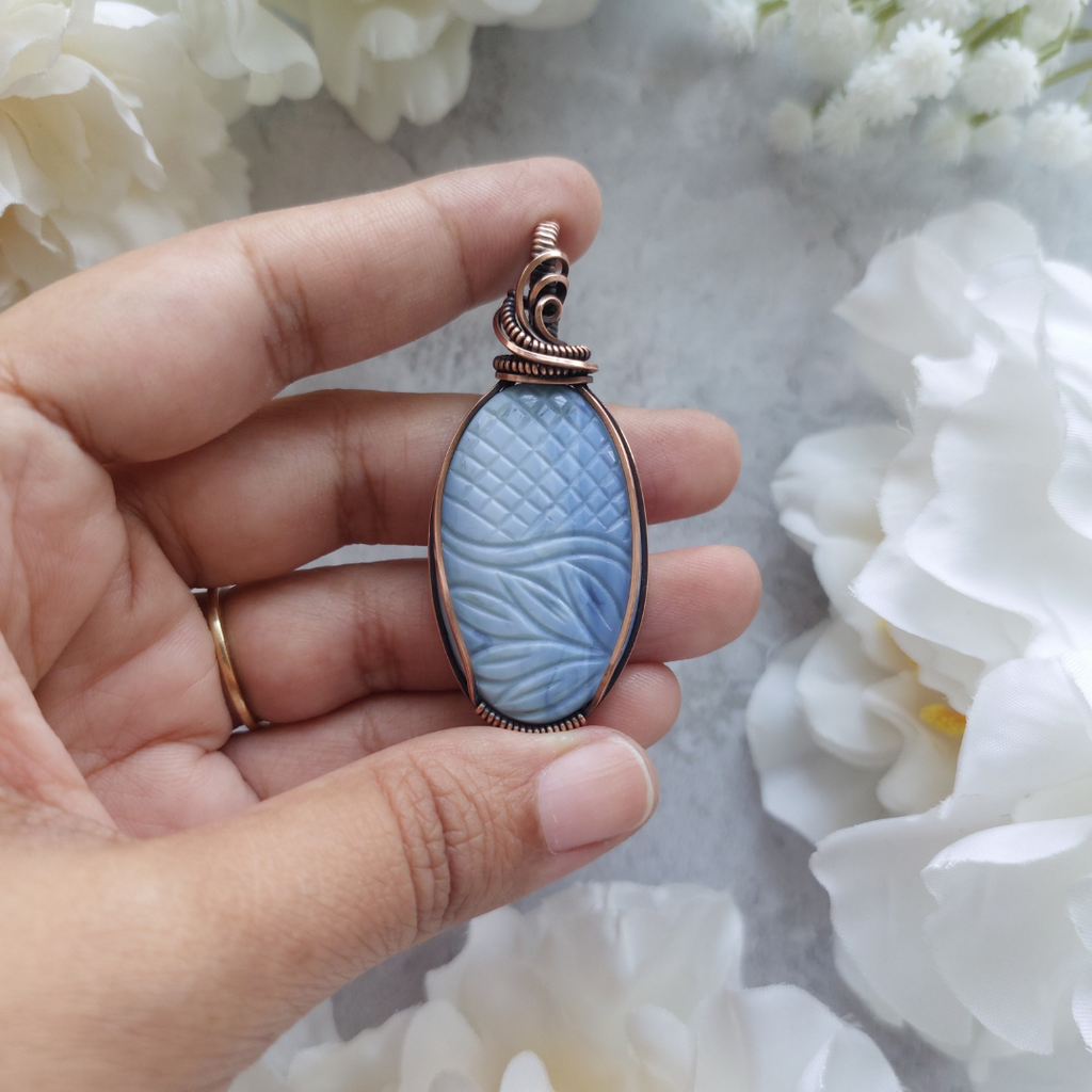 Owyhee Blue Opal Wire Wrapped Necklace – Copper Pendant for Emotional Healing, Serenity & Soothing Energy