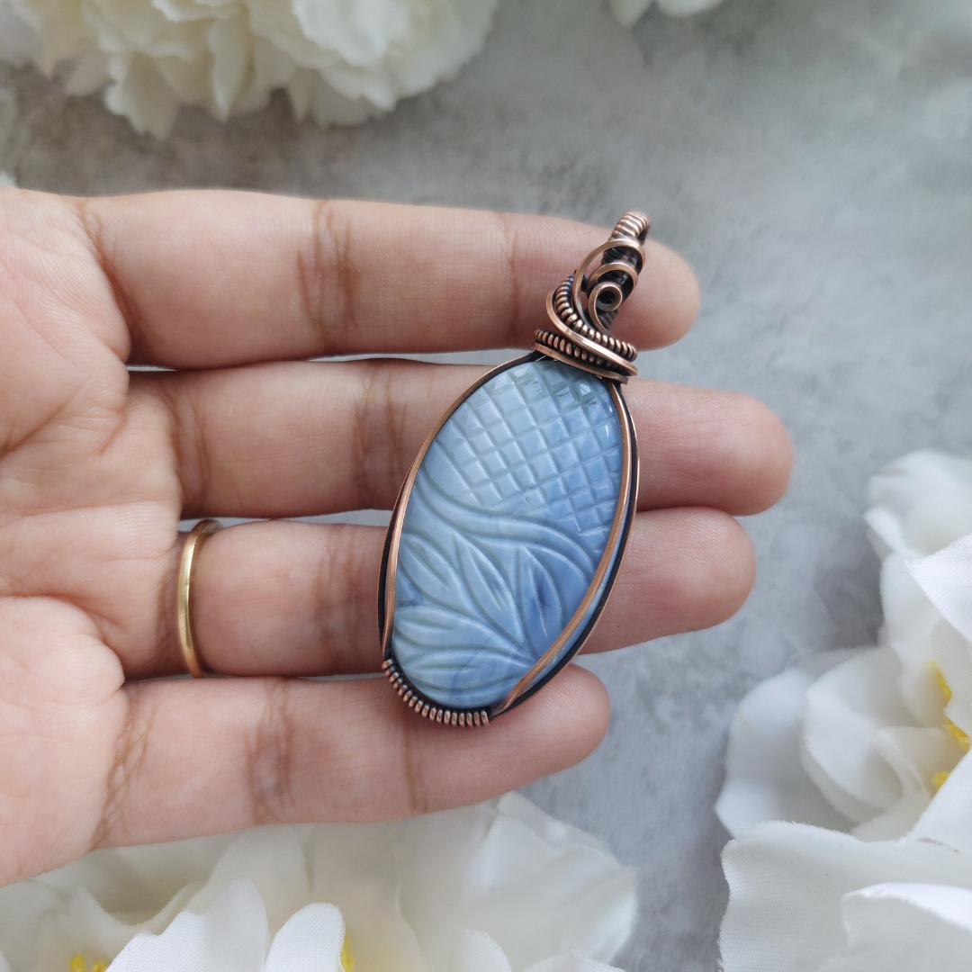 Owyhee Blue Opal Wire Wrapped Necklace – Copper Pendant for Emotional Healing, Serenity & Soothing Energy
