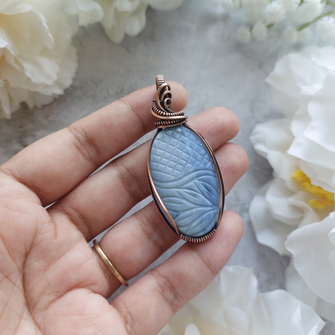 Owyhee Blue Opal Wire Wrapped Necklace – Copper Pendant for Emotional Healing, Serenity & Soothing Energy