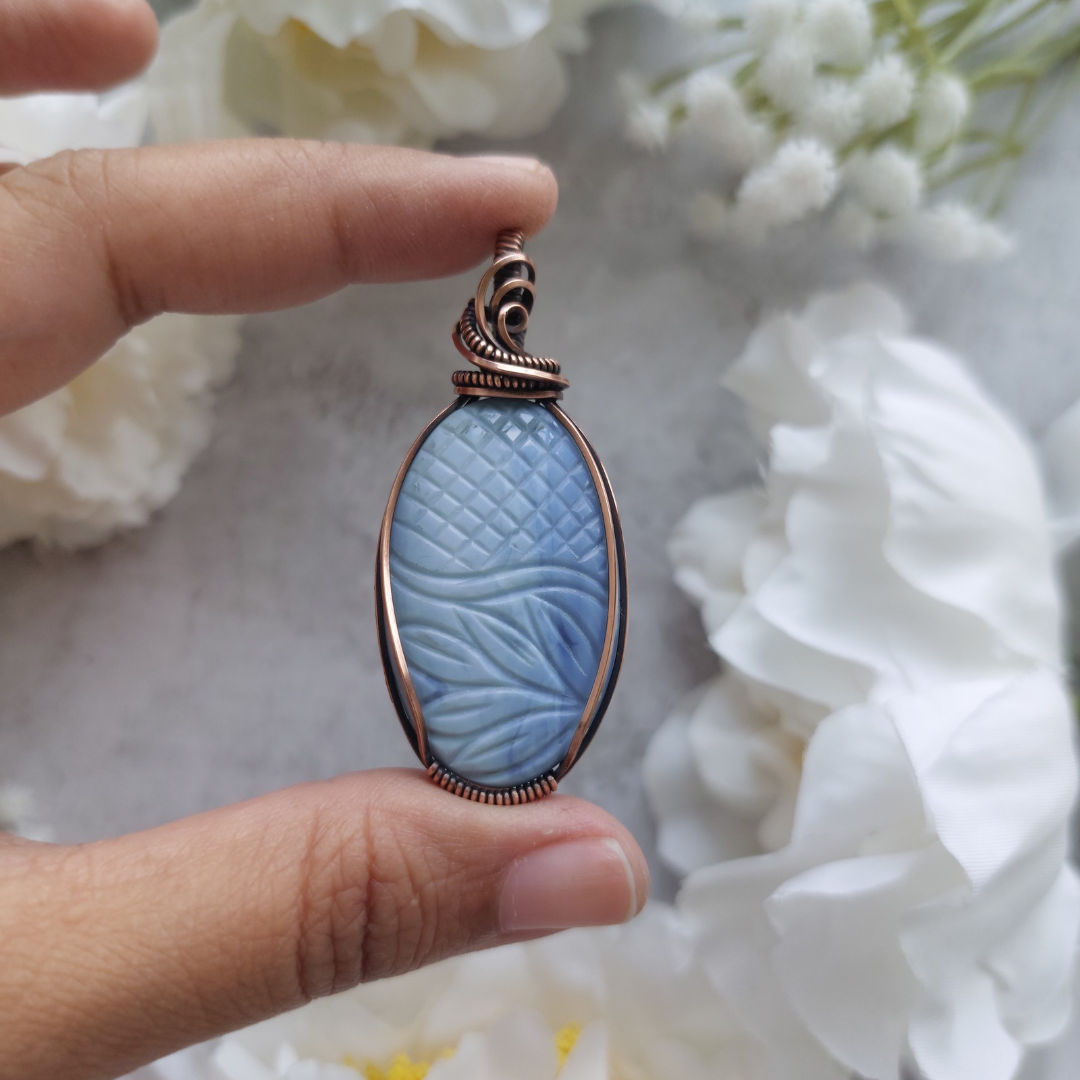 Owyhee Blue Opal Wire Wrapped Necklace – Copper Pendant for Emotional Healing, Serenity & Soothing Energy