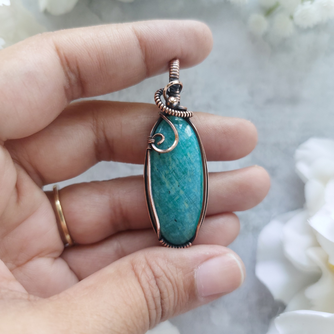 Amazonite Wire Wrapped Pendant – Copper Crystal Necklace for Truth, Courage & Communication