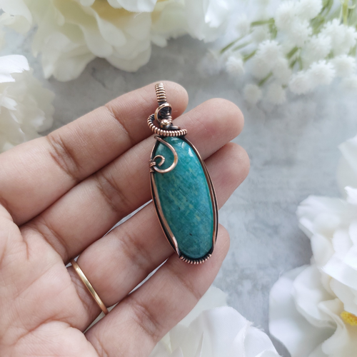Amazonite Wire Wrapped Pendant – Copper Crystal Necklace for Truth, Courage & Communication