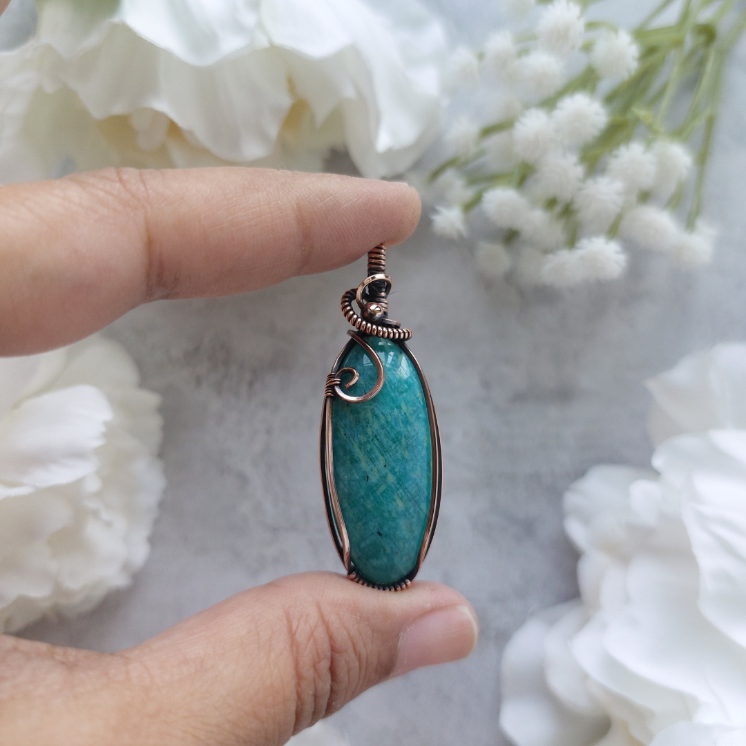 Amazonite Wire Wrapped Pendant – Copper Crystal Necklace for Truth, Courage & Communication