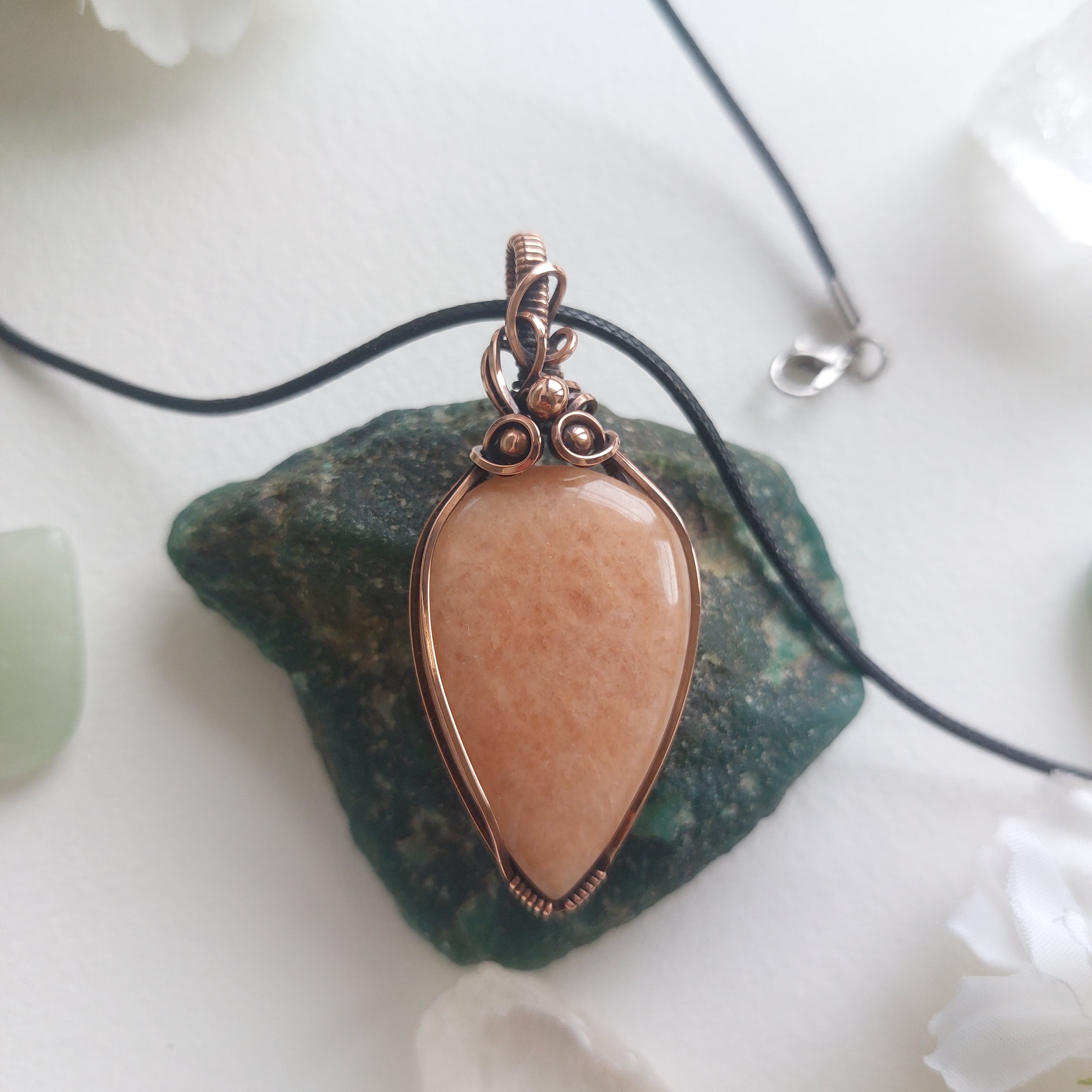 Handmade Peach Amazonite Pendant | Copper Wire Wrapped Crystal Necklace