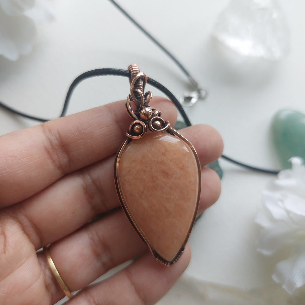 Handmade Peach Amazonite Pendant | Copper Wire Wrapped Crystal Necklace