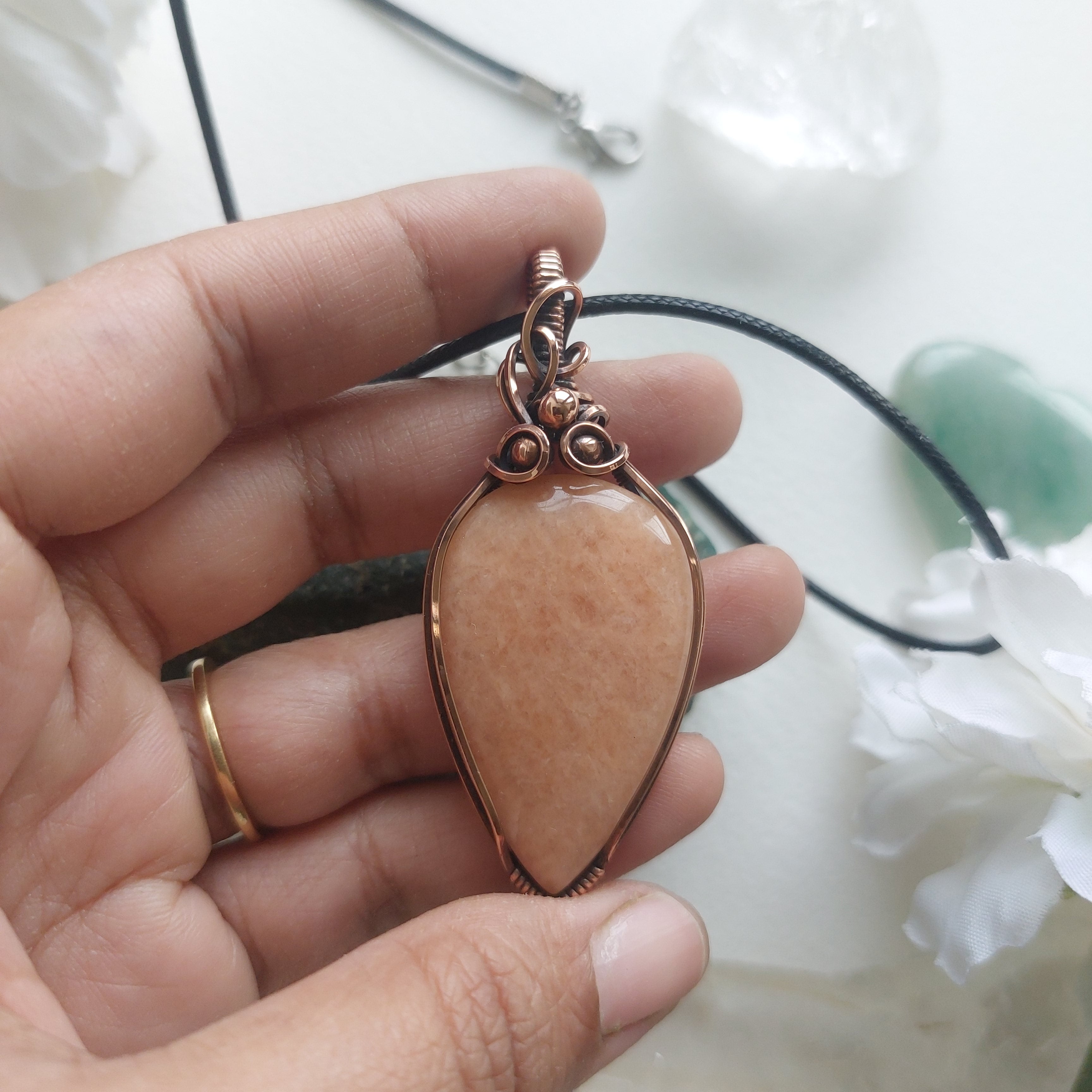 Handmade Peach Amazonite Pendant | Copper Wire Wrapped Crystal Necklace