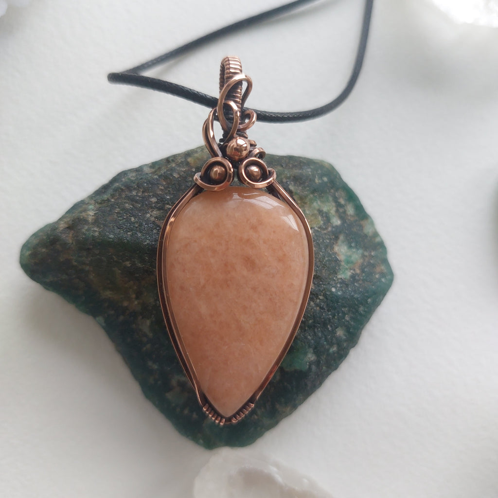 Handmade Peach Amazonite Pendant | Copper Wire Wrapped Crystal Necklace