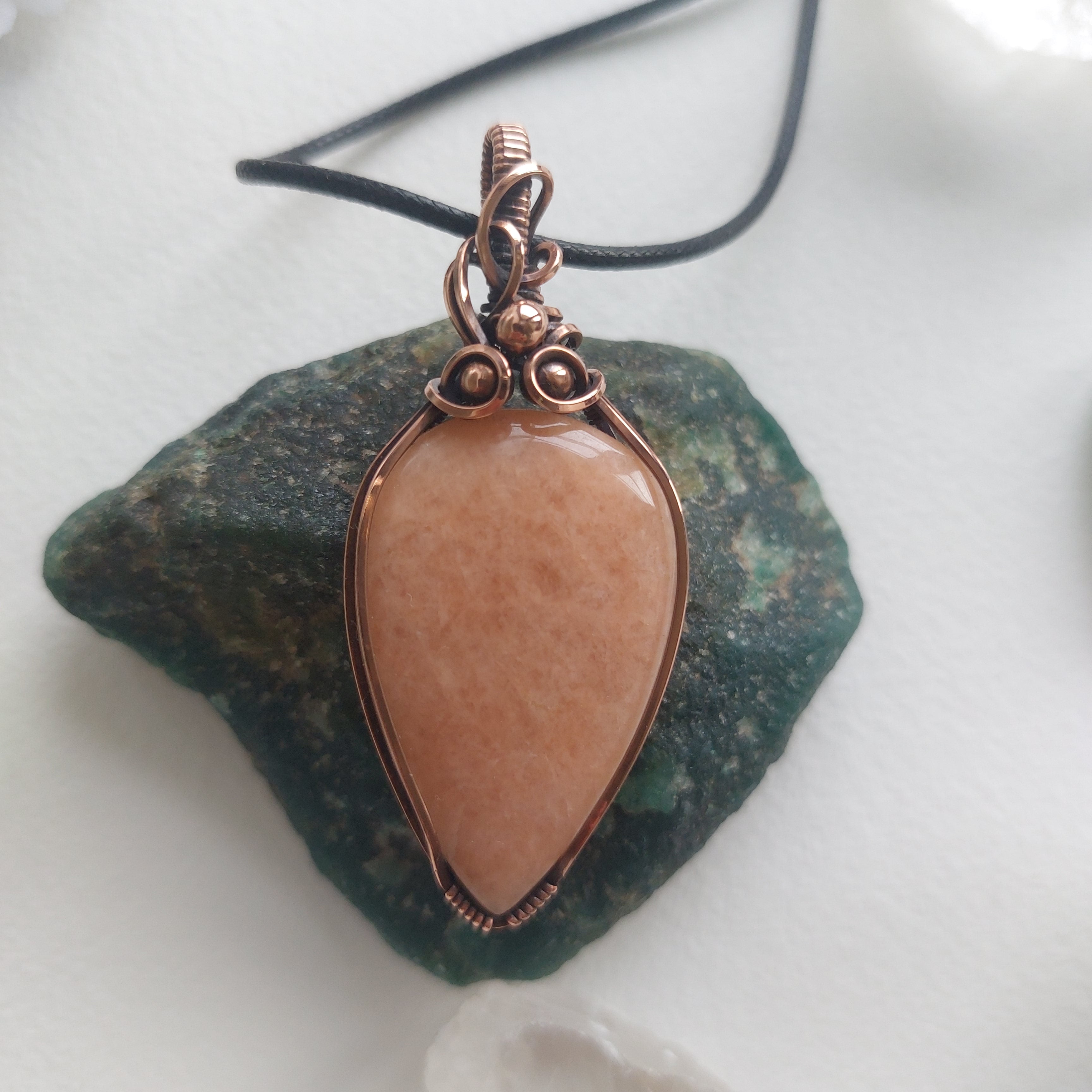 Handmade Peach Amazonite Pendant | Copper Wire Wrapped Crystal Necklace