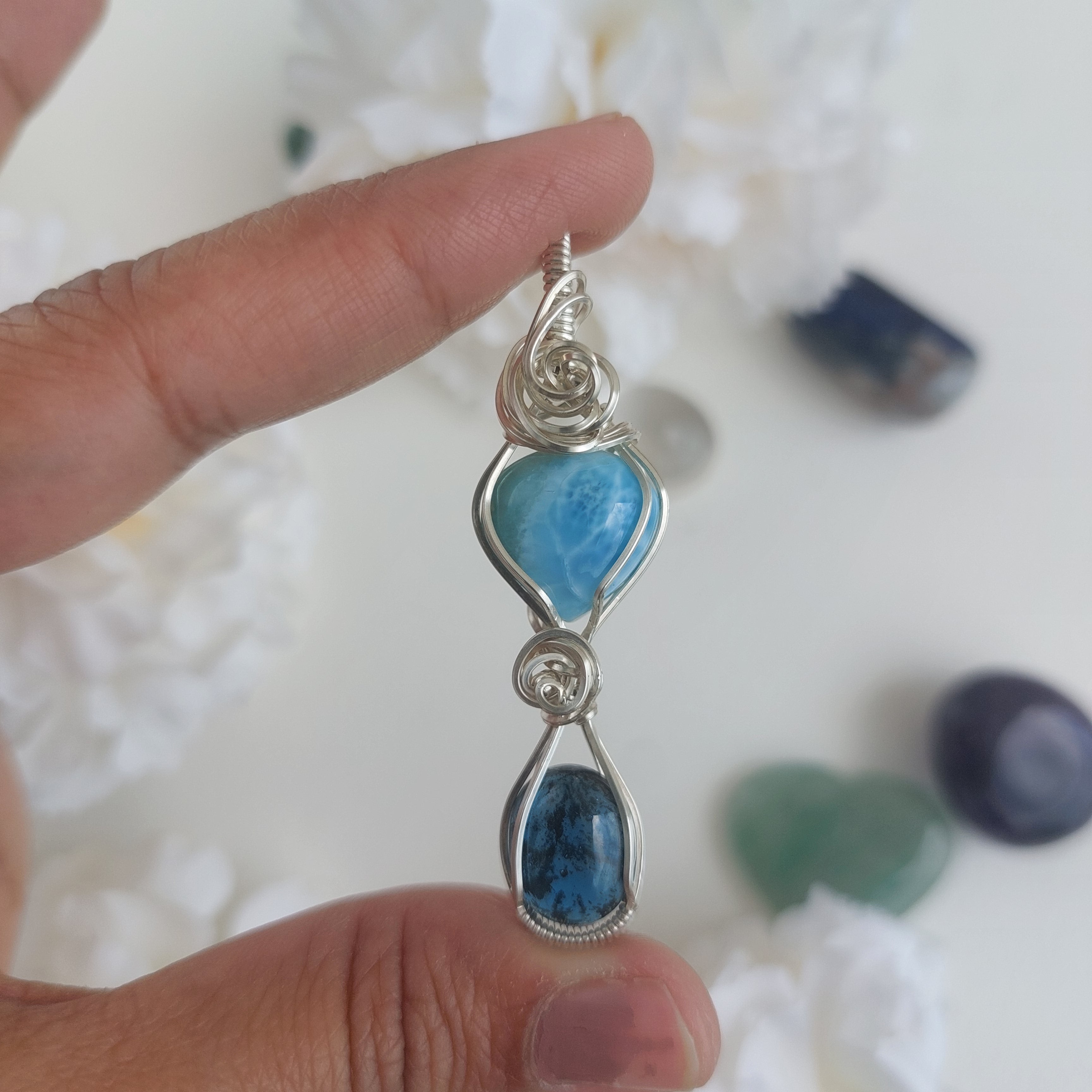 Larimar- teal kyanite double stone sterling silver wire wrapped handmade pendant