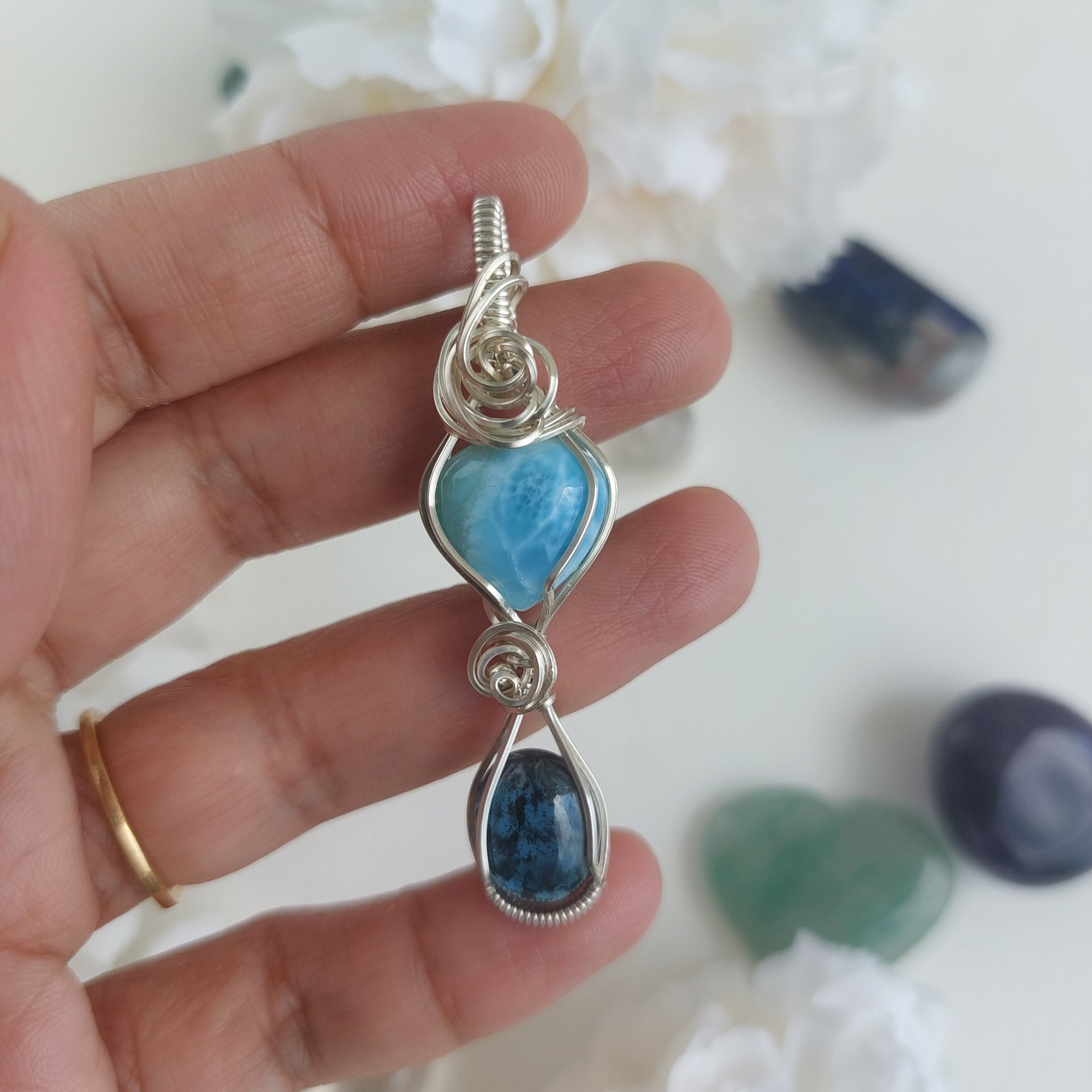 Larimar- teal kyanite double stone sterling silver wire wrapped handmade pendant