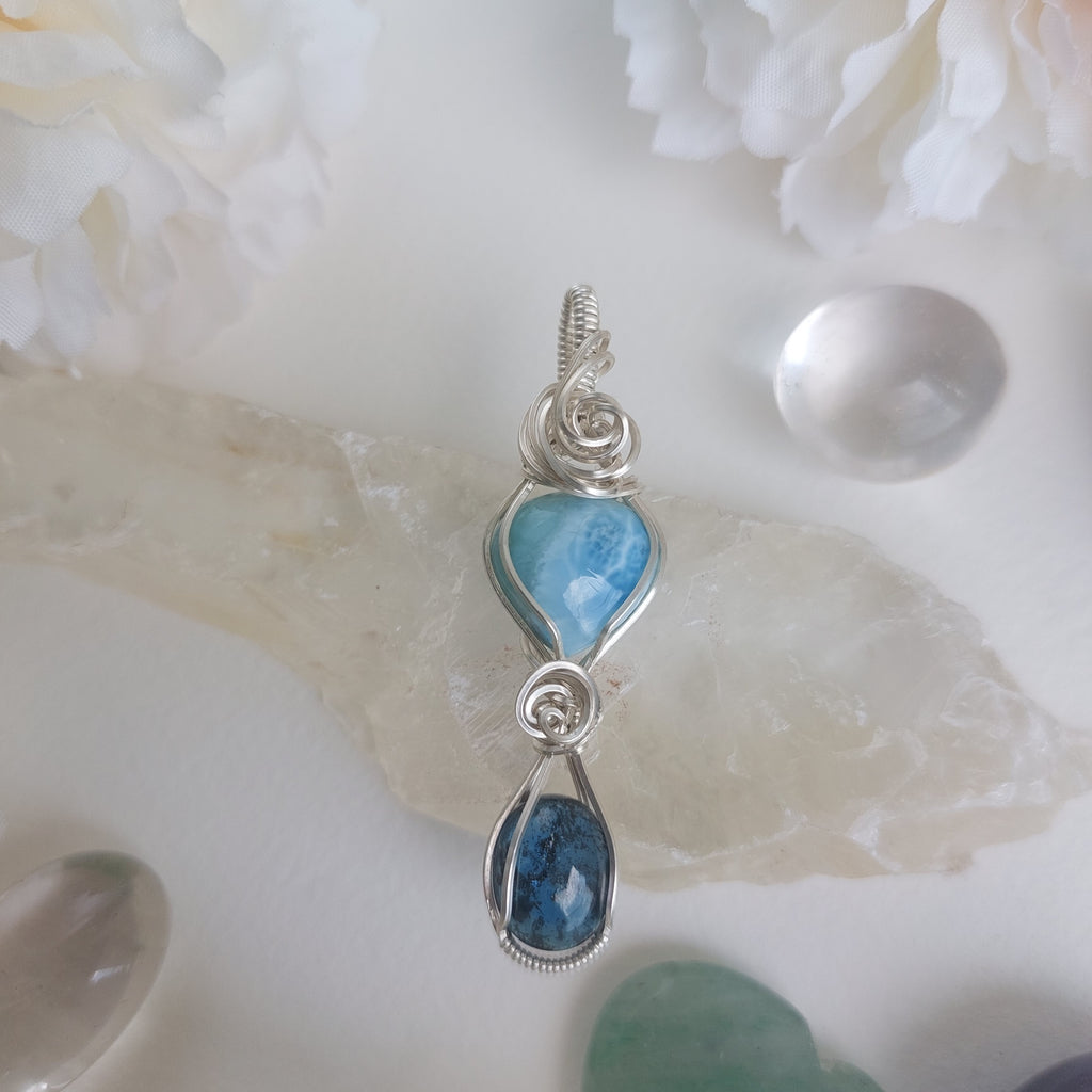 Larimar- teal kyanite double stone sterling silver wire wrapped handmade pendant