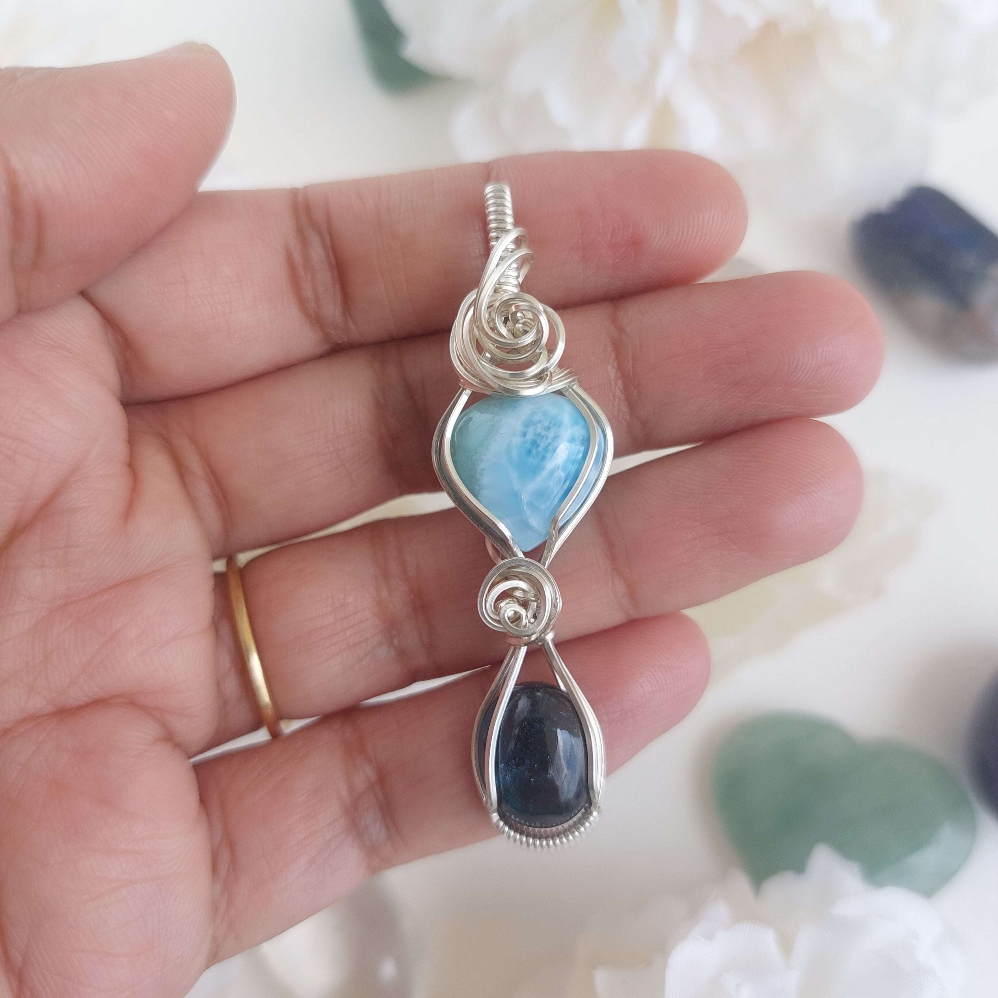Larimar- teal kyanite double stone sterling silver wire wrapped handmade pendant