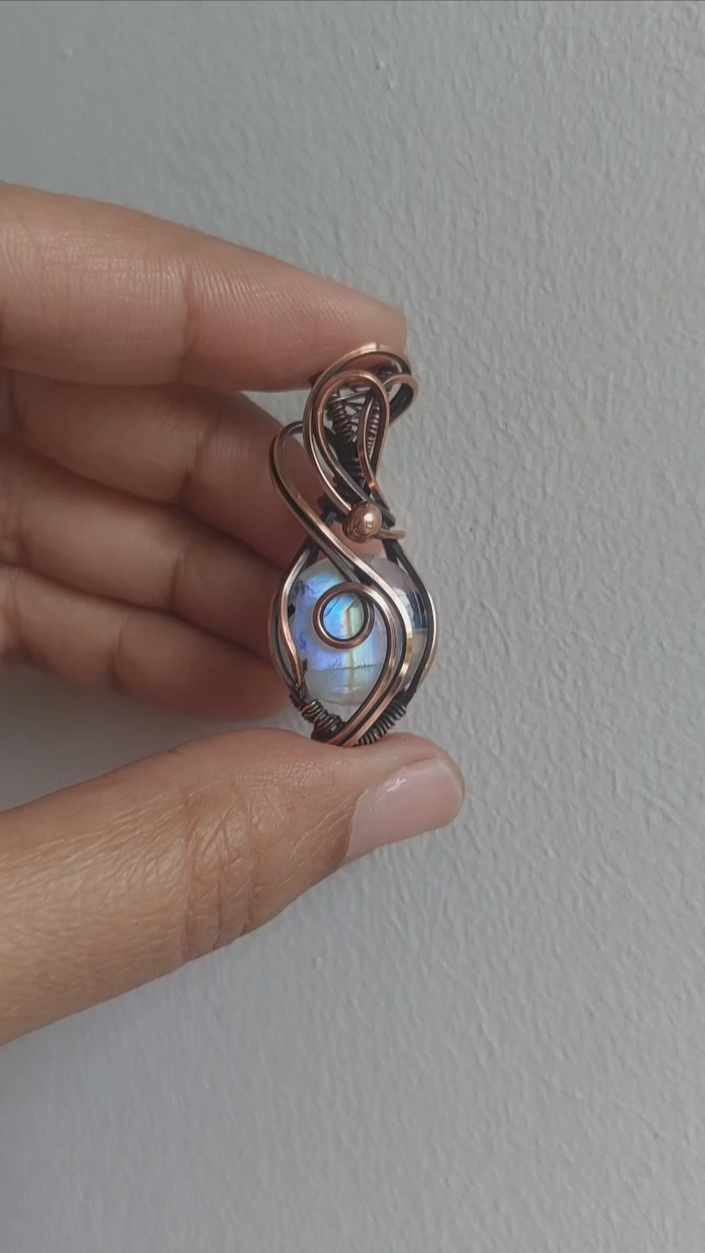 Rainbow Moonstone Copper Pendant – Handmade Wire Wrapped Crystal Jewelry