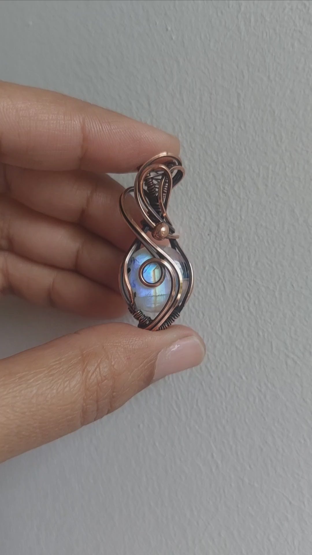 Rainbow Moonstone Copper Pendant – Handmade Wire Wrapped Crystal Jewelry