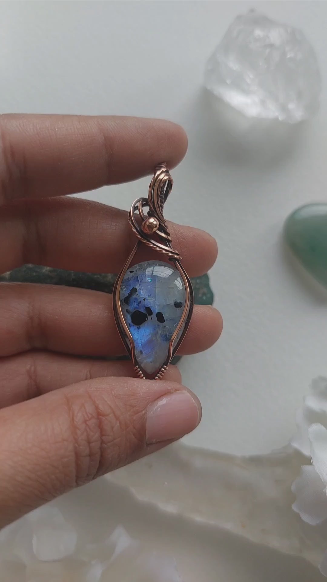 Rainbow Moonstone Copper Pendant – Handmade Wire Wrapped Crystal Jewellery