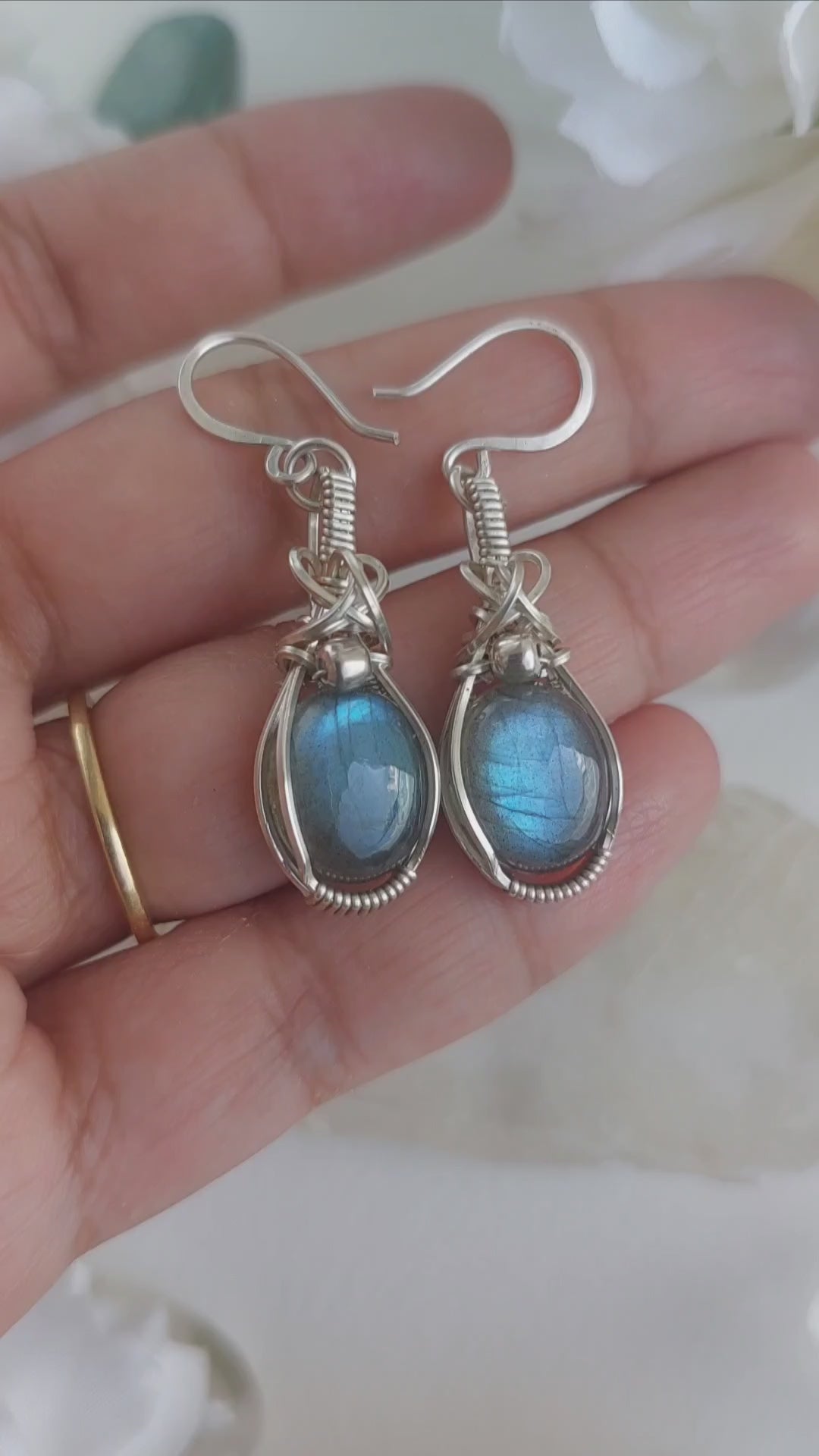 Blue flash labradorite handmade wirewrapped earrings
