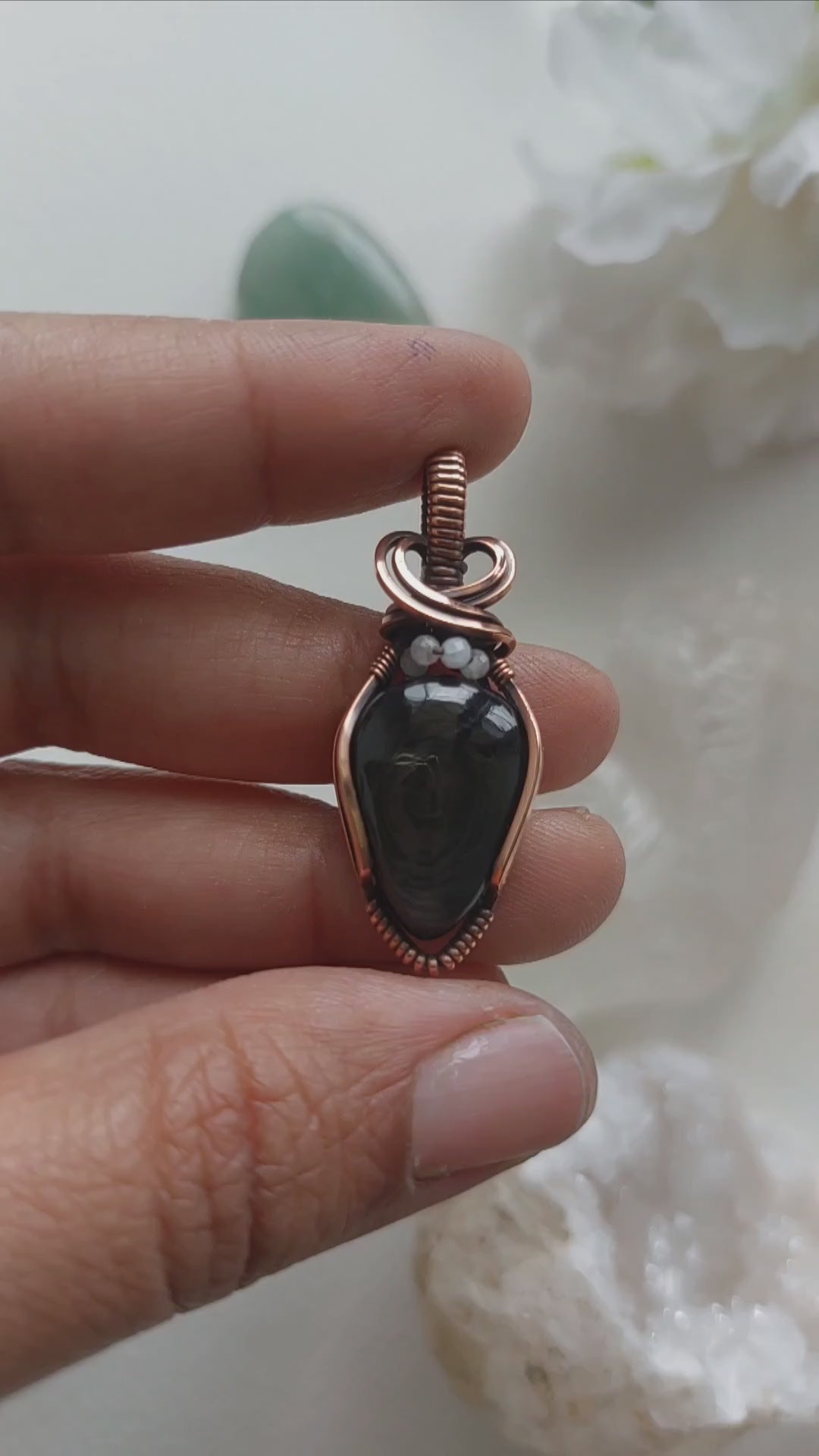 Hypersthene Pendant with Rainbow Moonstone Beads – Handmade Copper Wire Wrapped Jewelry