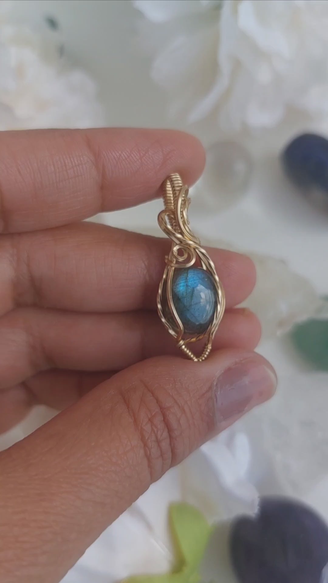 Blue flash labradorite wire wrapped handmade gold-filled pendant