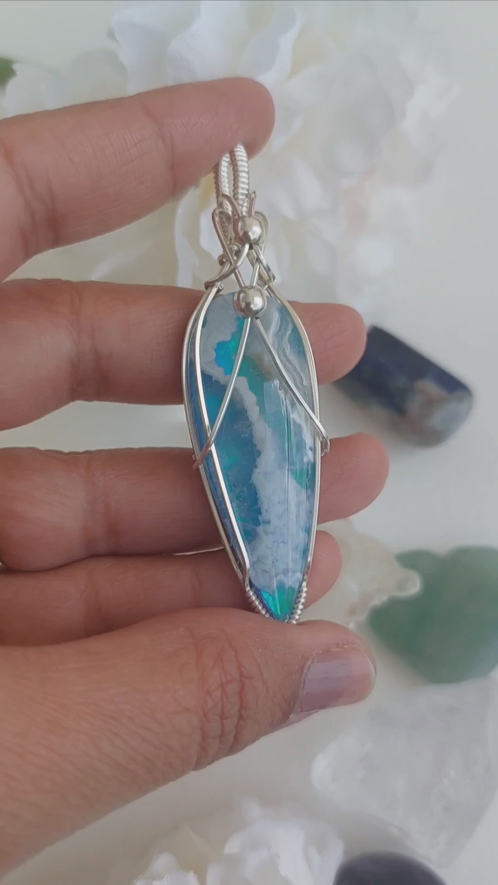 Seafoam- aurora effect- plume agate doublet sterling silver wire wrapped handmade pendant