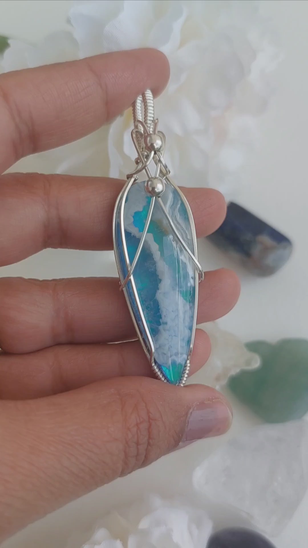 Seafoam- aurora effect- plume agate doublet sterling silver wire wrapped handmade pendant