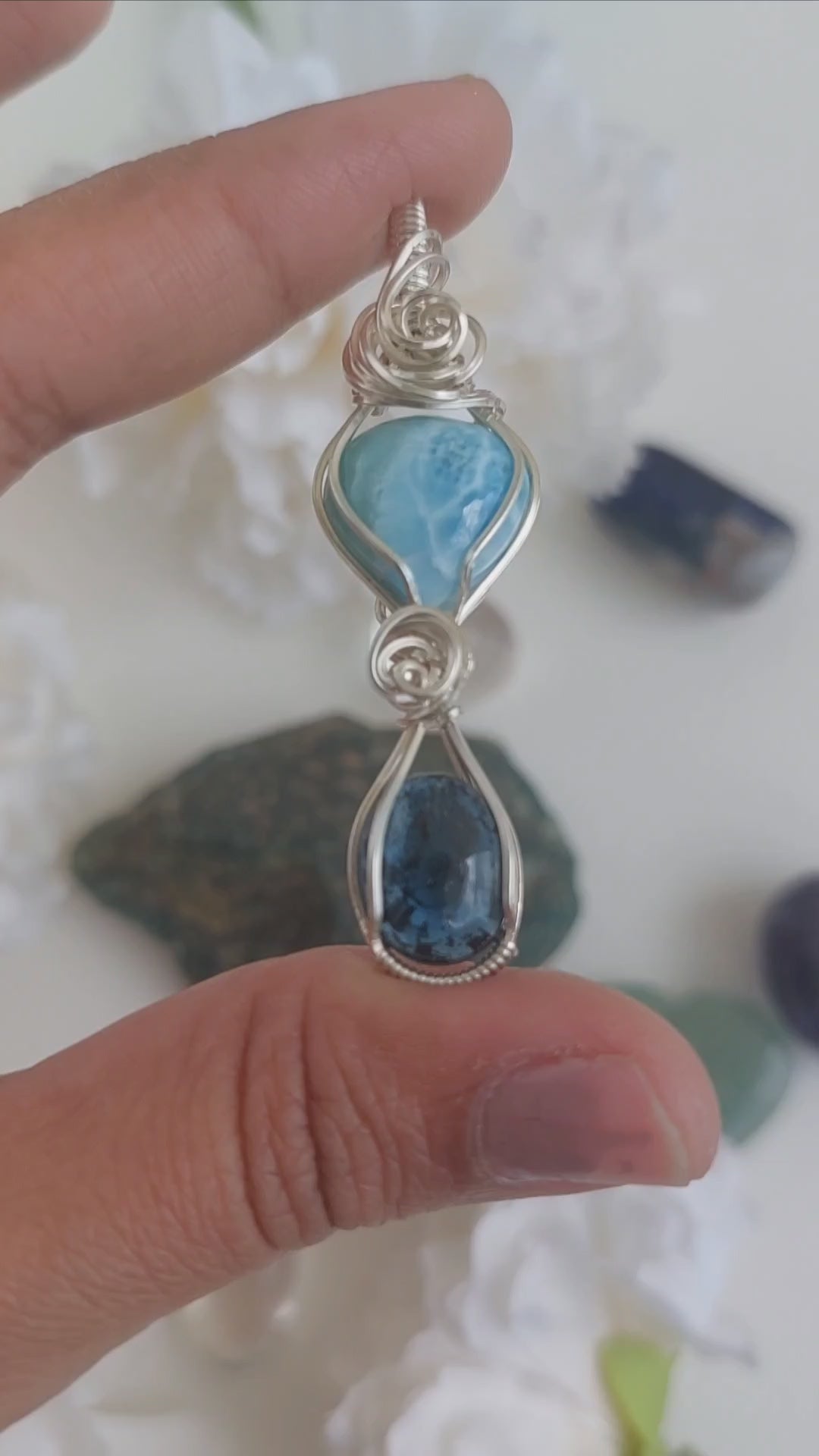 Larimar- teal kyanite double stone sterling silver wire wrapped handmade pendant