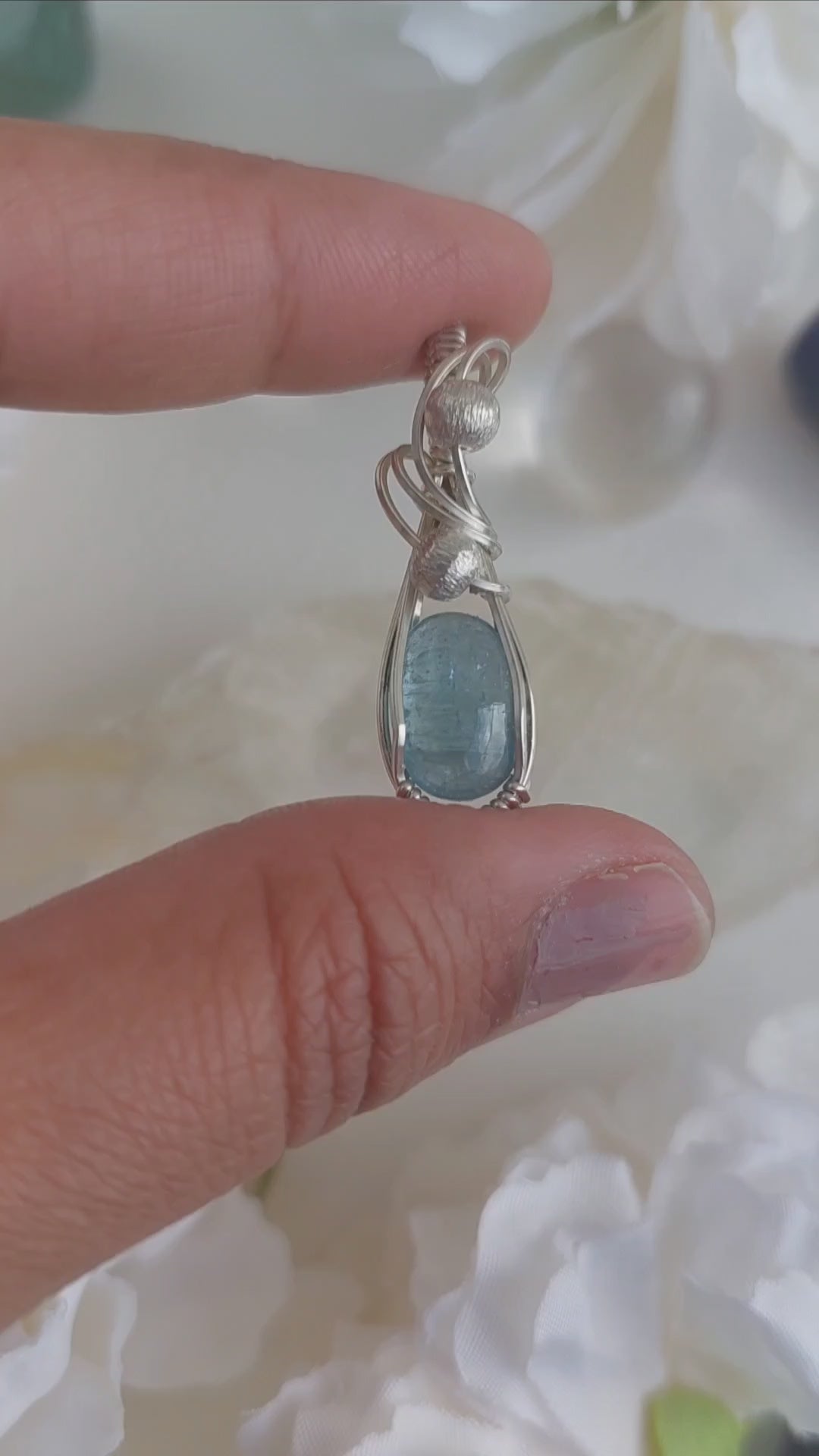 Aqua Kyanite wire wrapped handmade sterling silver pendant
