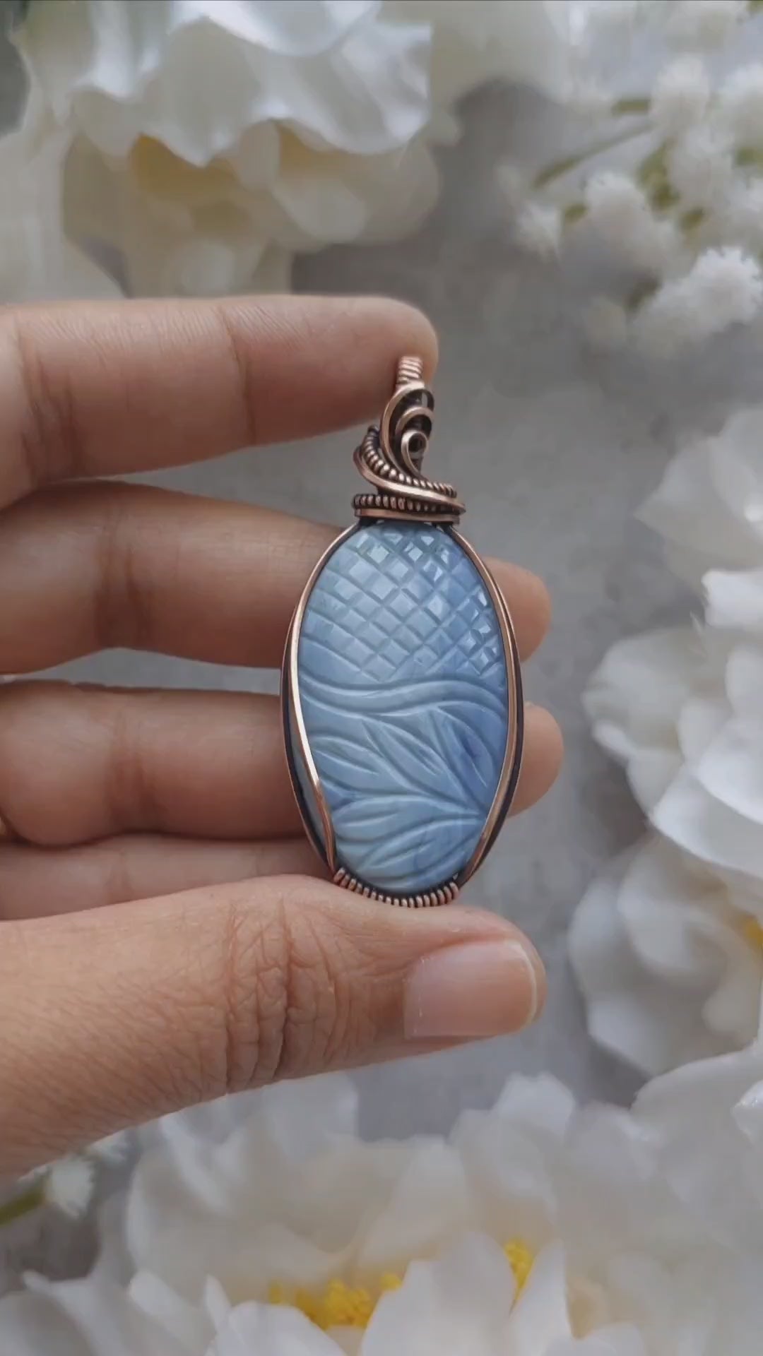 Owyhee Blue Opal Wire Wrapped Necklace – Copper Pendant for Emotional Healing, Serenity & Soothing Energy