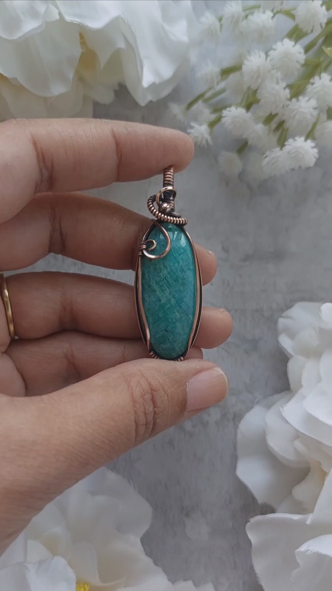 Amazonite Wire Wrapped Pendant – Copper Crystal Necklace for Truth, Courage & Communication