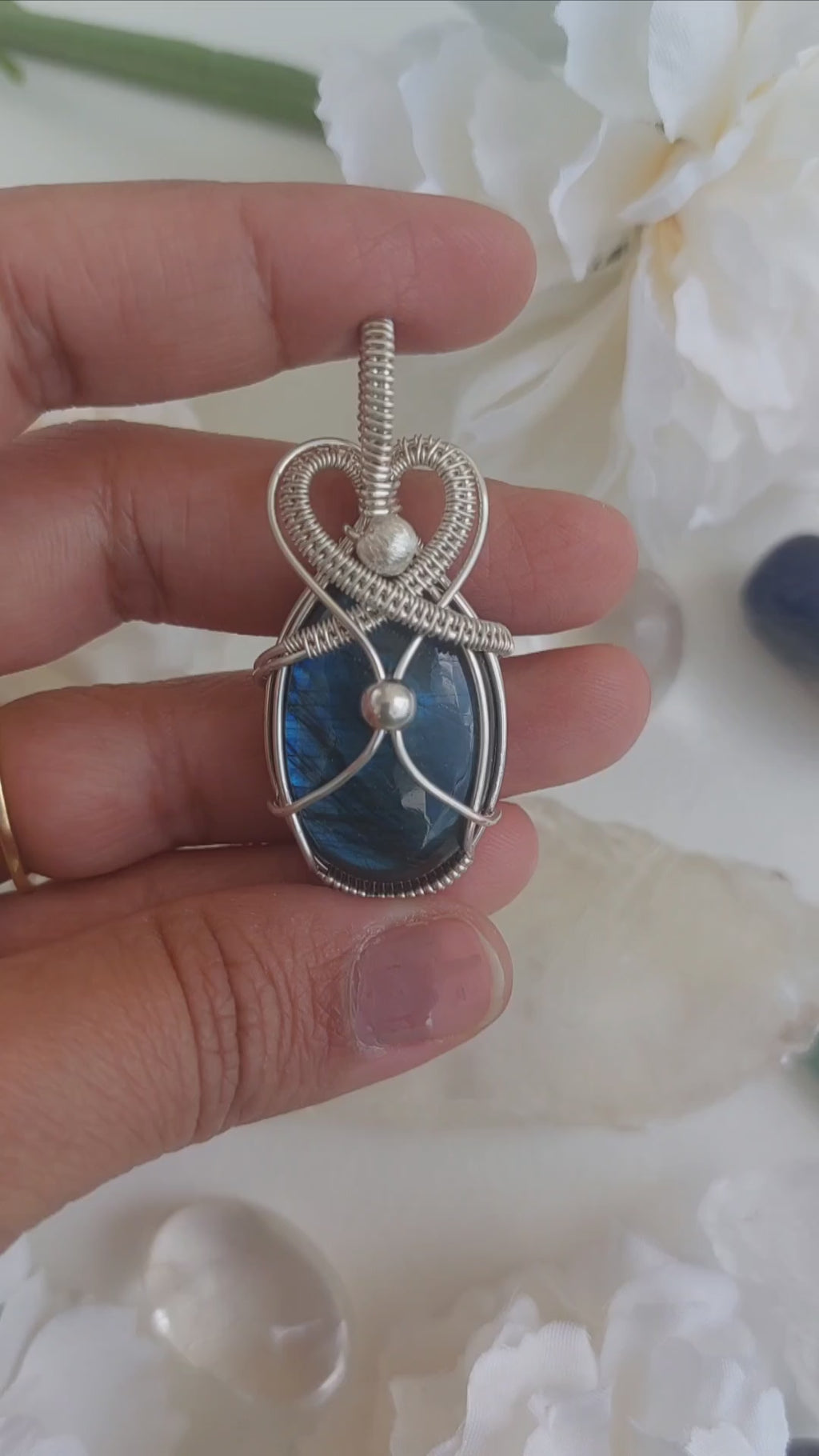 Blue flash labradorite wire wrapped handmade sterling silver pendant