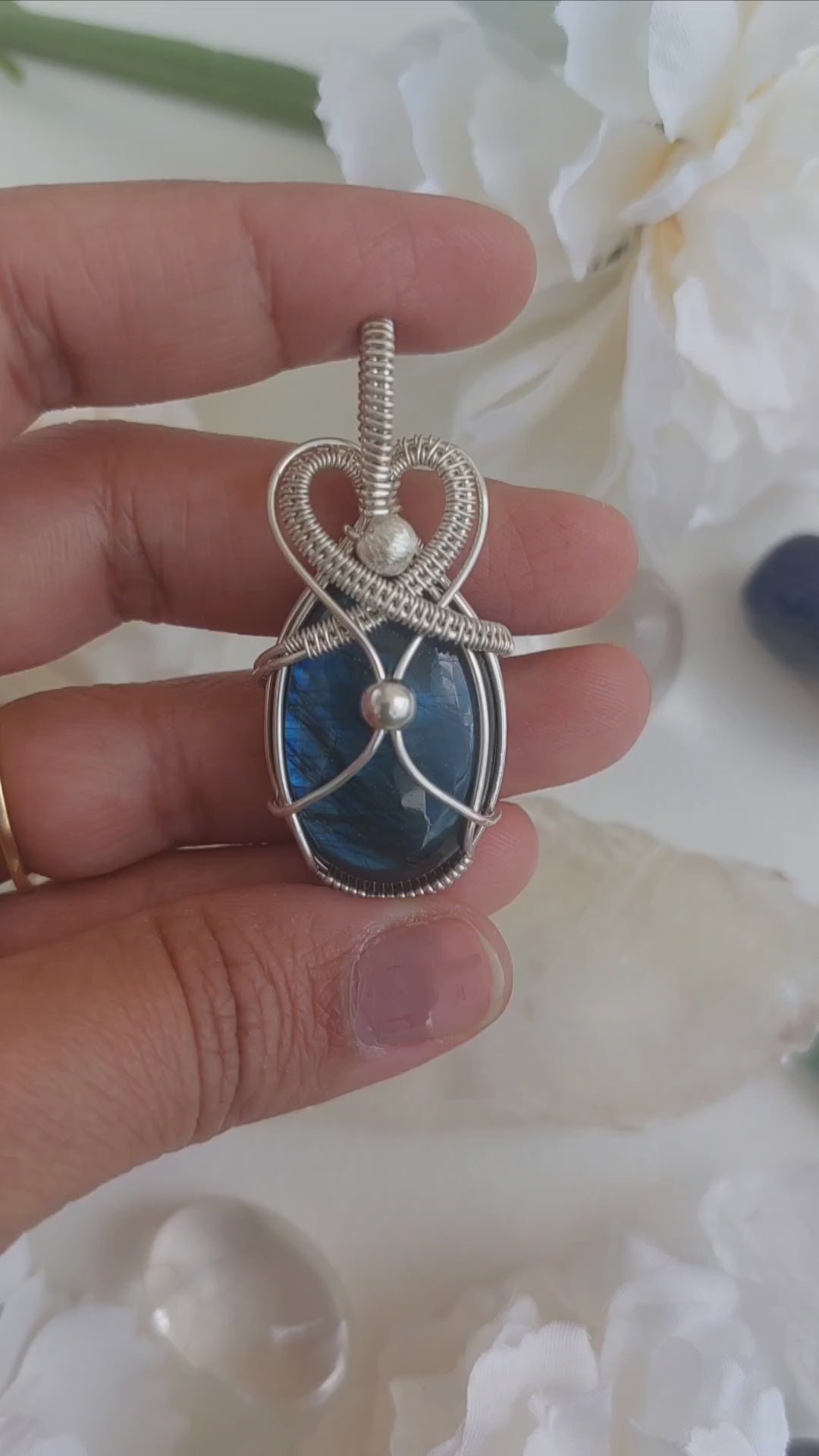 Blue flash labradorite wire wrapped handmade sterling silver pendant