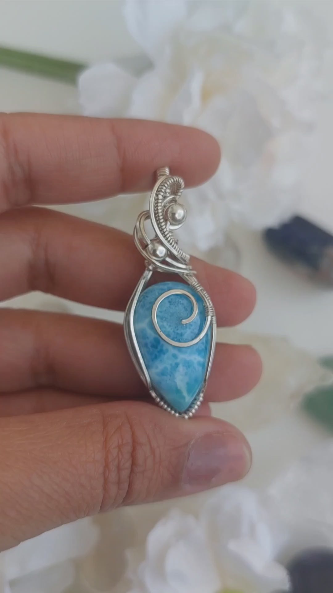 Larimar sterling silver wire wrapped handmade pendant