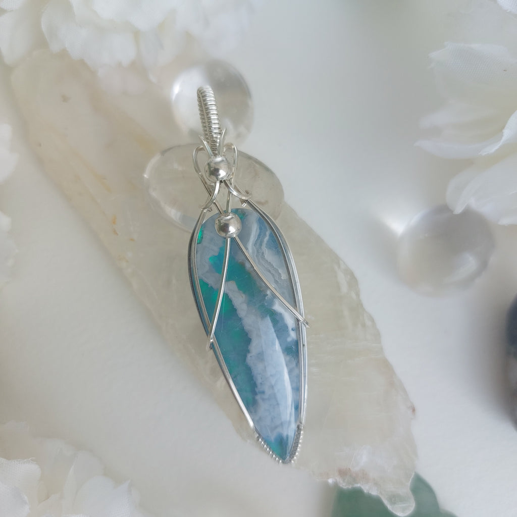 Seafoam- aurora effect- plume agate doublet sterling silver wire wrapped handmade pendant