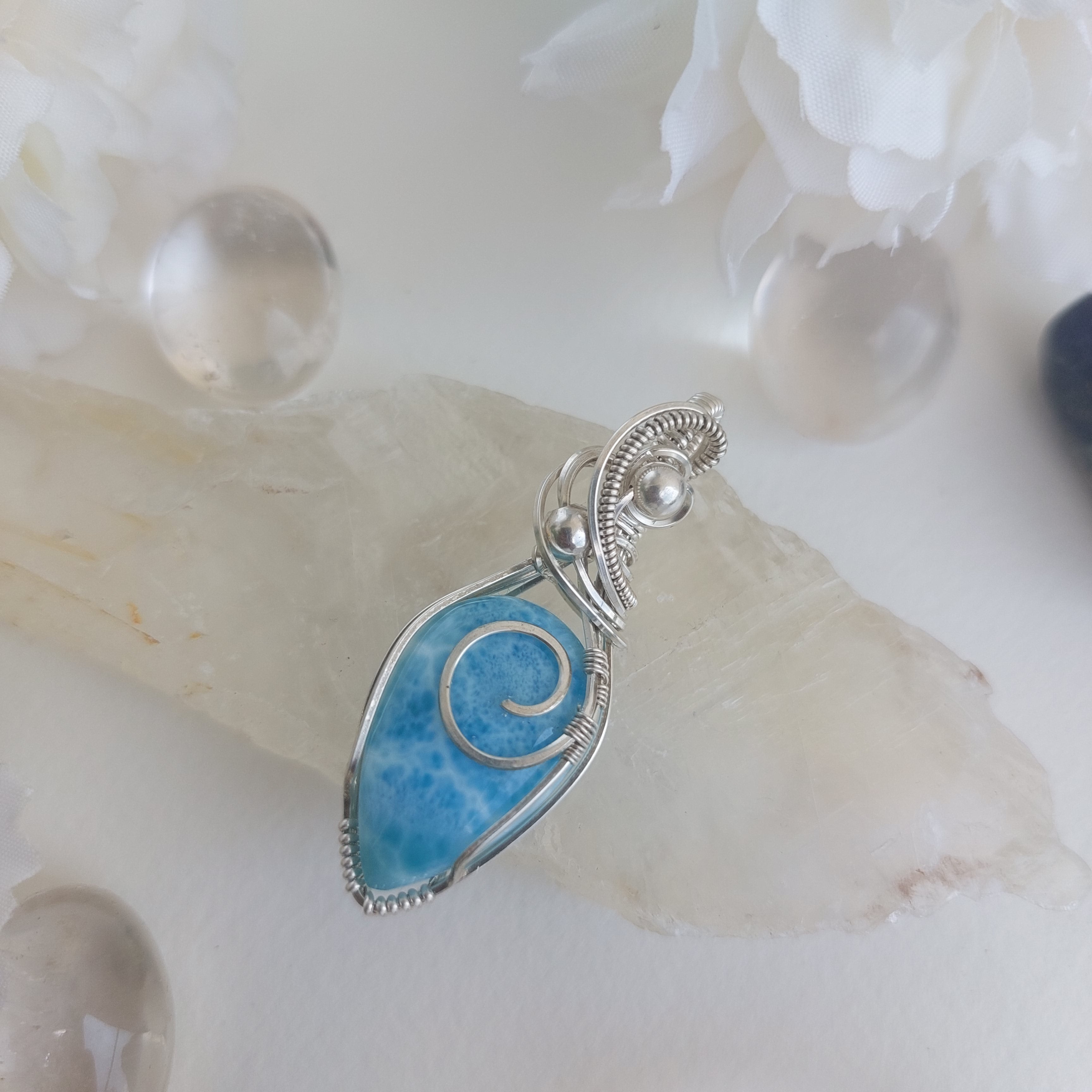 Larimar sterling silver wire wrapped handmade pendant