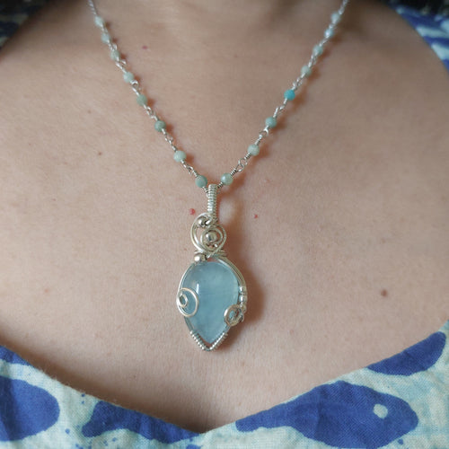 Aquamarine sterling silver wire wrapped handmade sterling silver pendant