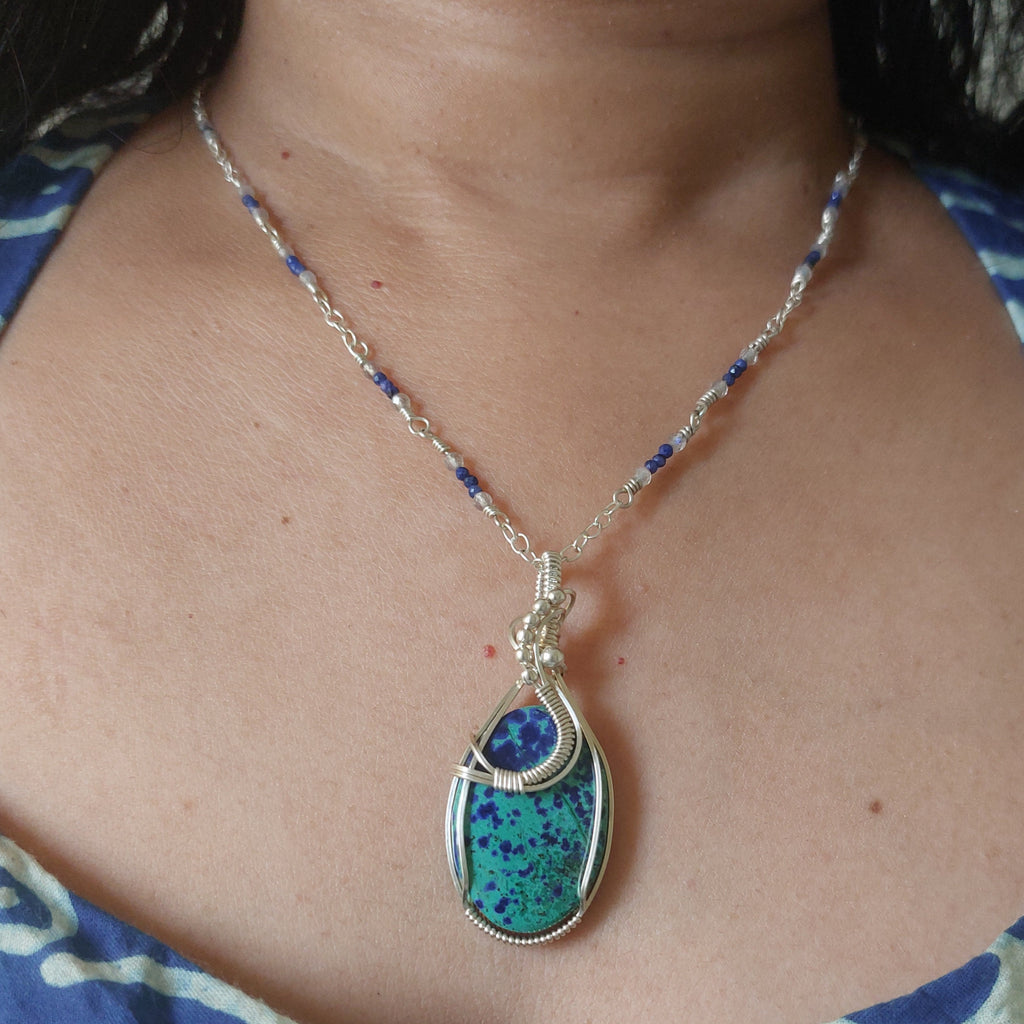 Bluebird Azurite sterling silver handmade Wire Wrapped pendant
