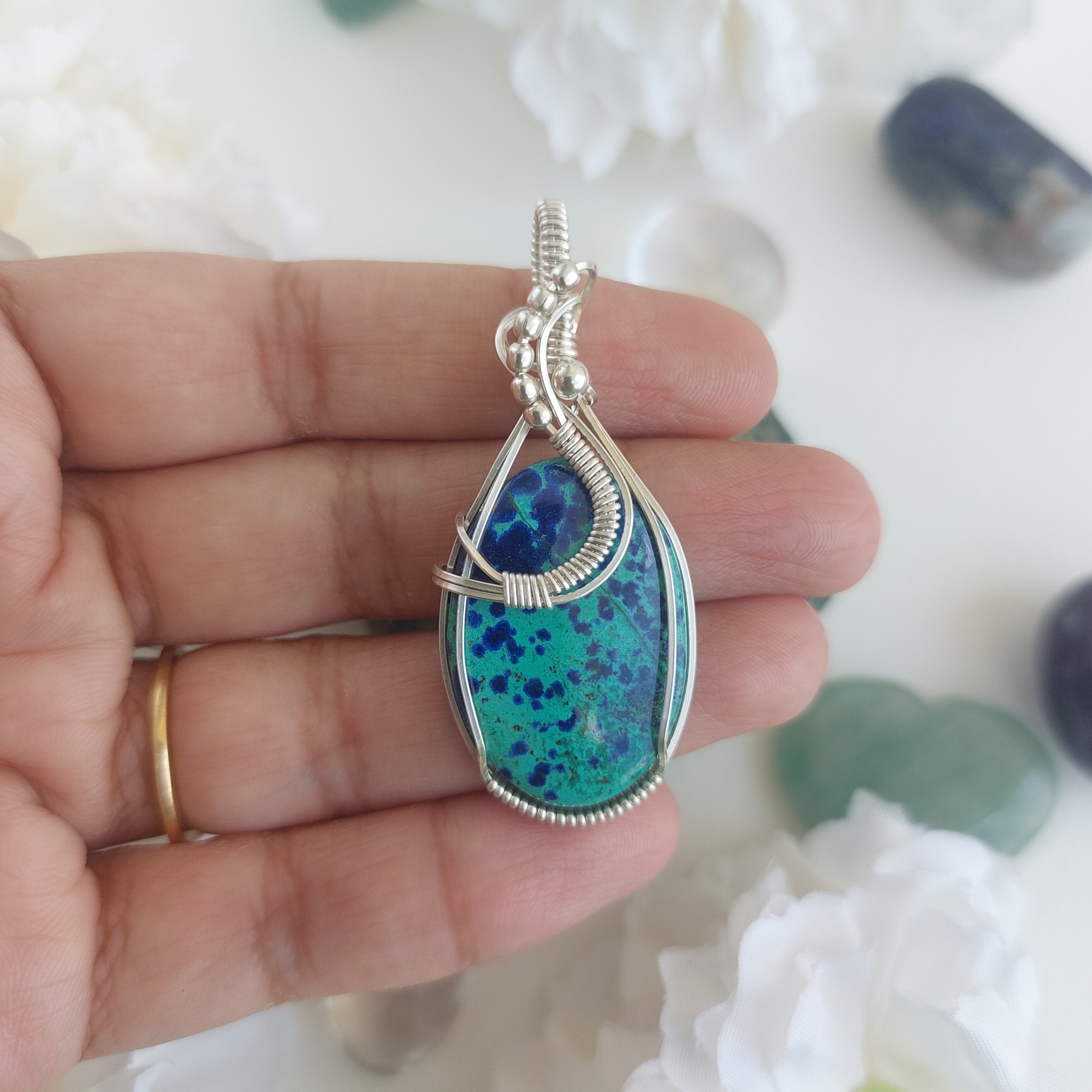 Bluebird Azurite sterling silver handmade Wire Wrapped pendant