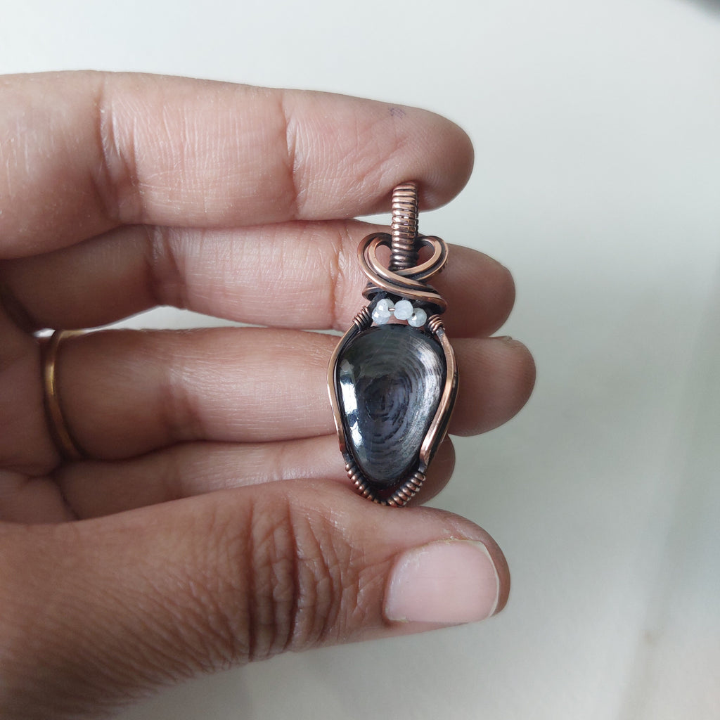 Hypersthene Pendant with Rainbow Moonstone Beads – Handmade Copper Wire Wrapped Jewelry