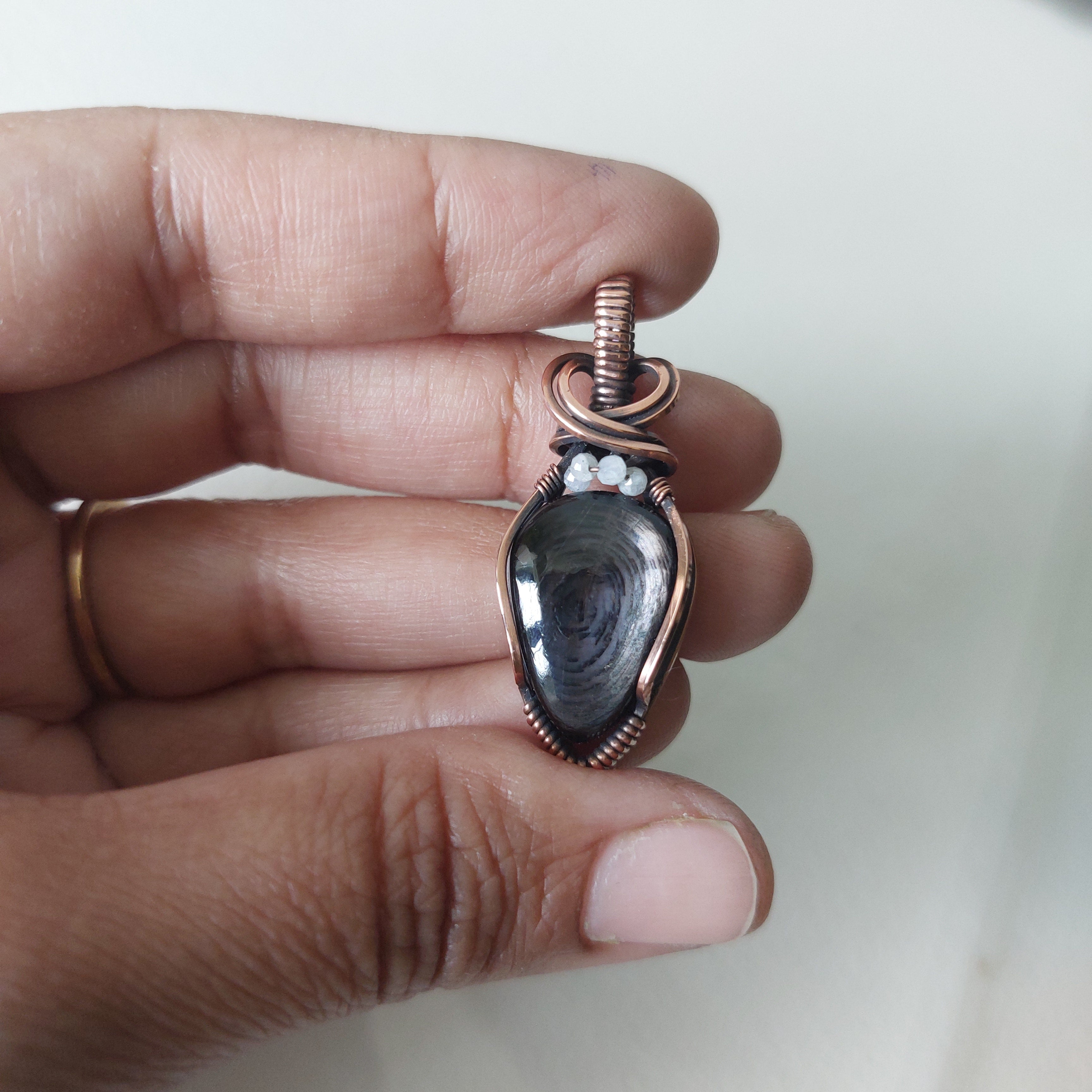 Hypersthene Pendant with Rainbow Moonstone Beads – Handmade Copper Wire Wrapped Jewelry