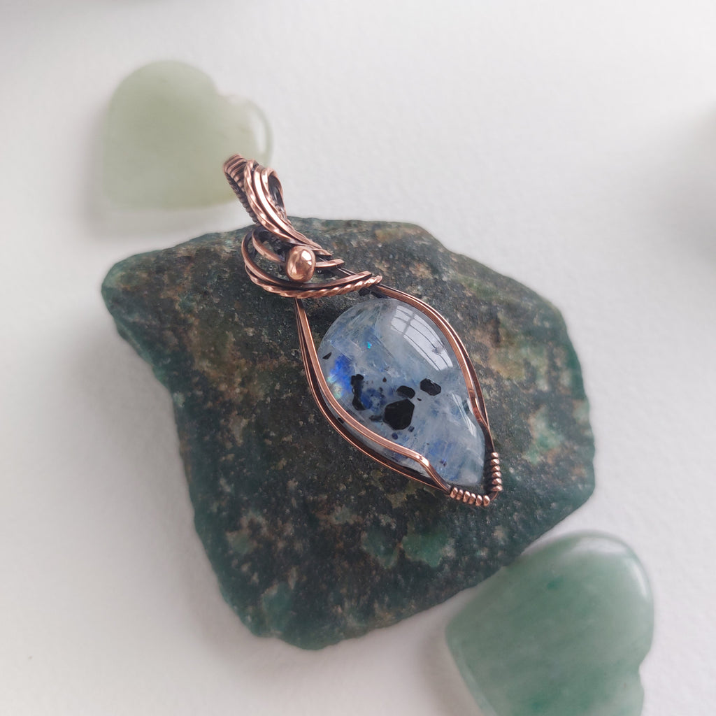 Rainbow Moonstone Copper Pendant – Handmade Wire Wrapped Crystal Jewellery