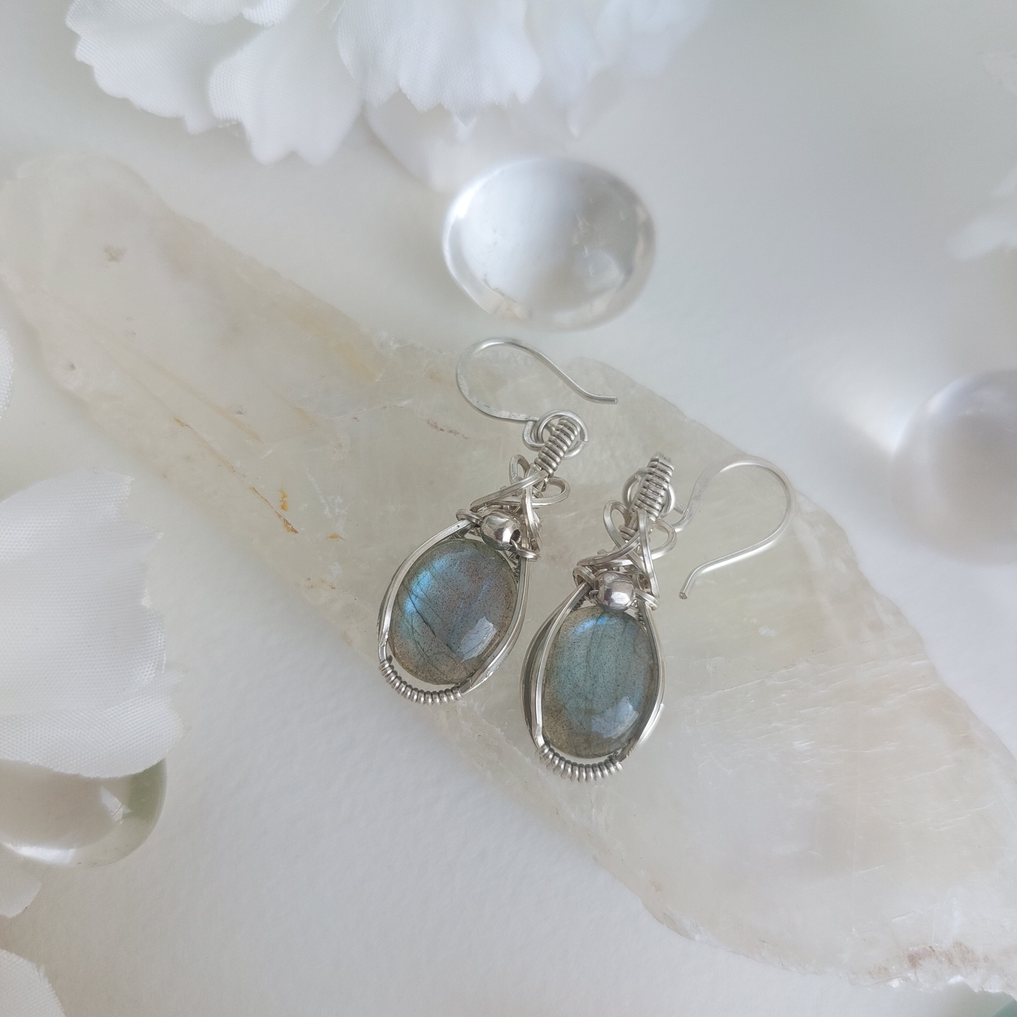 Blue flash labradorite handmade wirewrapped earrings