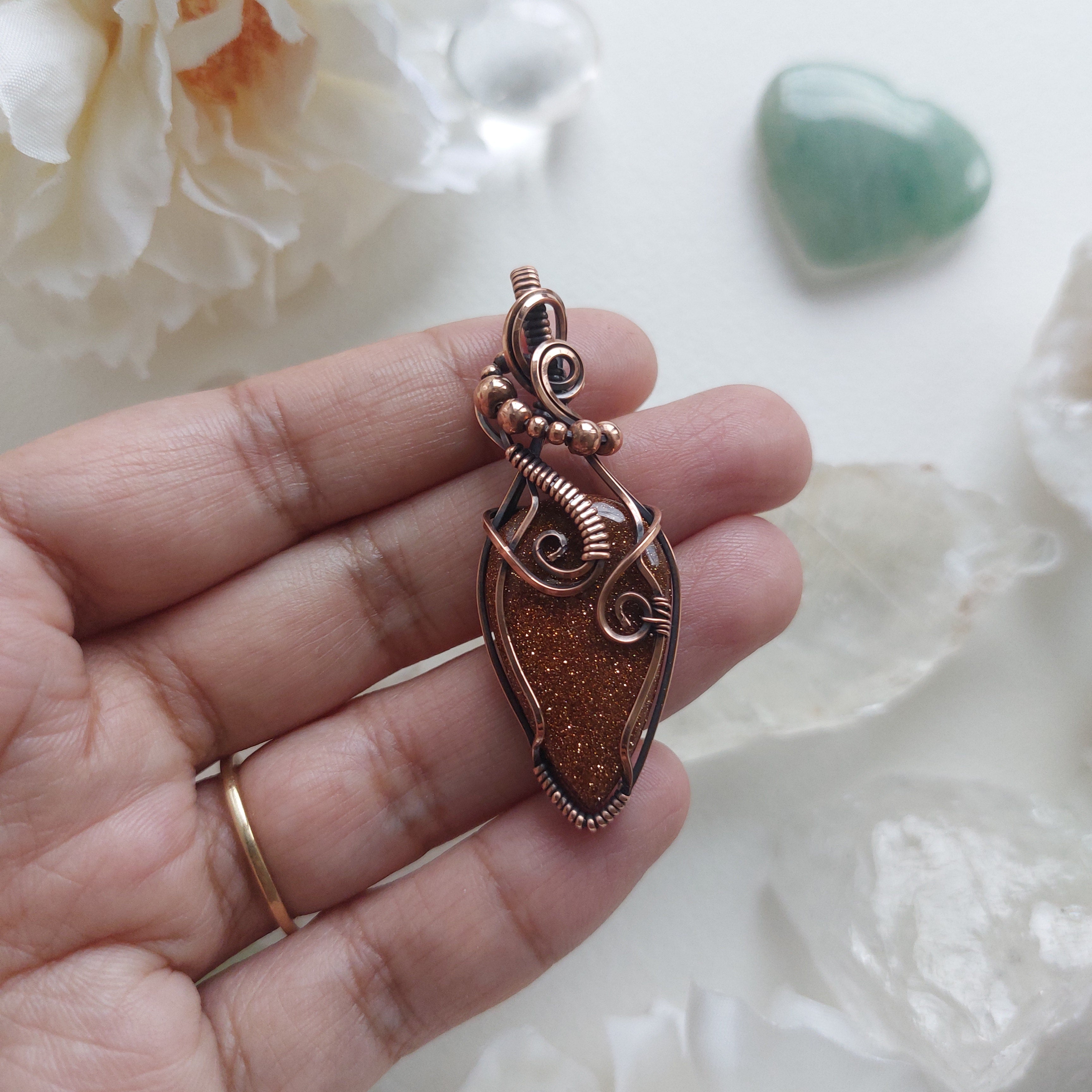 Goldstone (manmade stone) Copper Wire Wrapped pendant