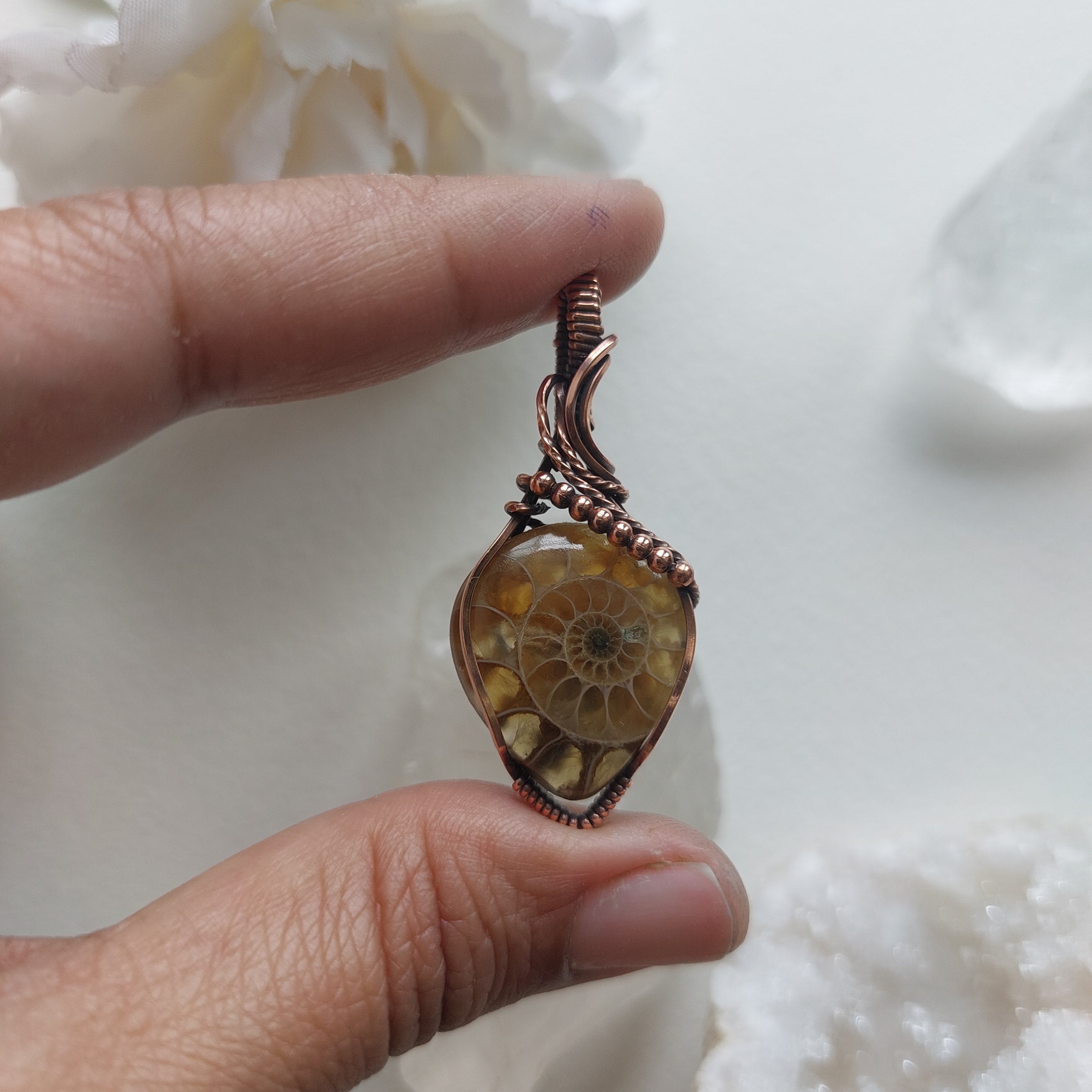 Ammonite Fossil Copper Wire Wrapped Pendant – Ancient Crystal Necklace for Grounding, Protection & Harmony